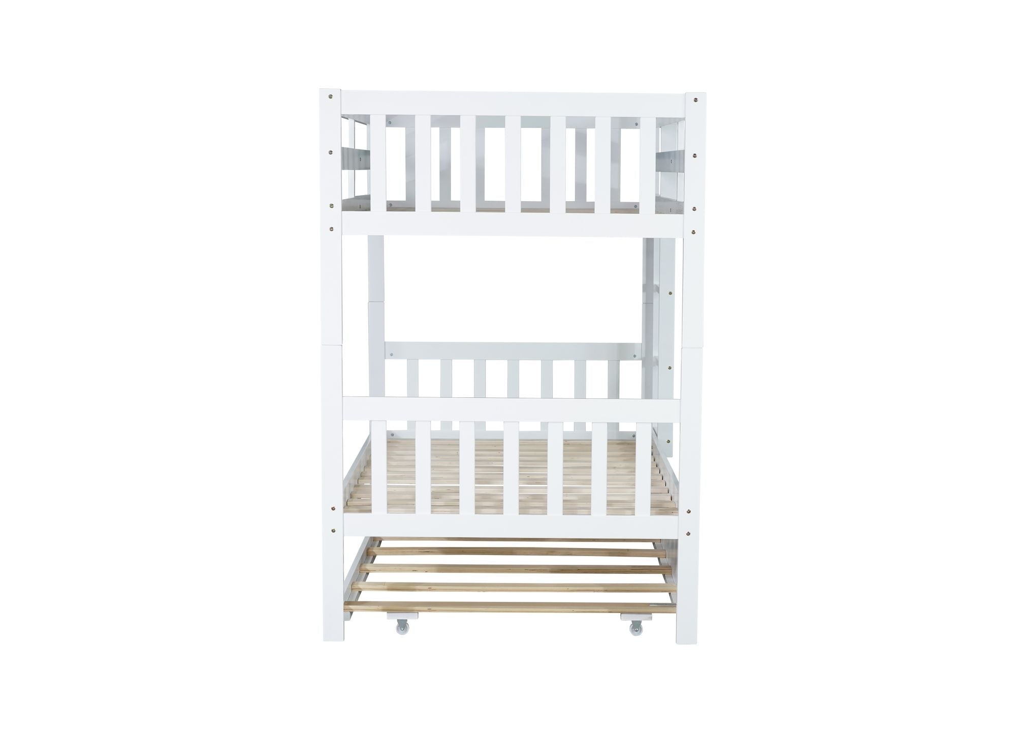 Convertible Twin Over Twin Wood Bunk Bed with Trundle, Ladder, and Safety Guardrails in White | Just Better Bunk Beds