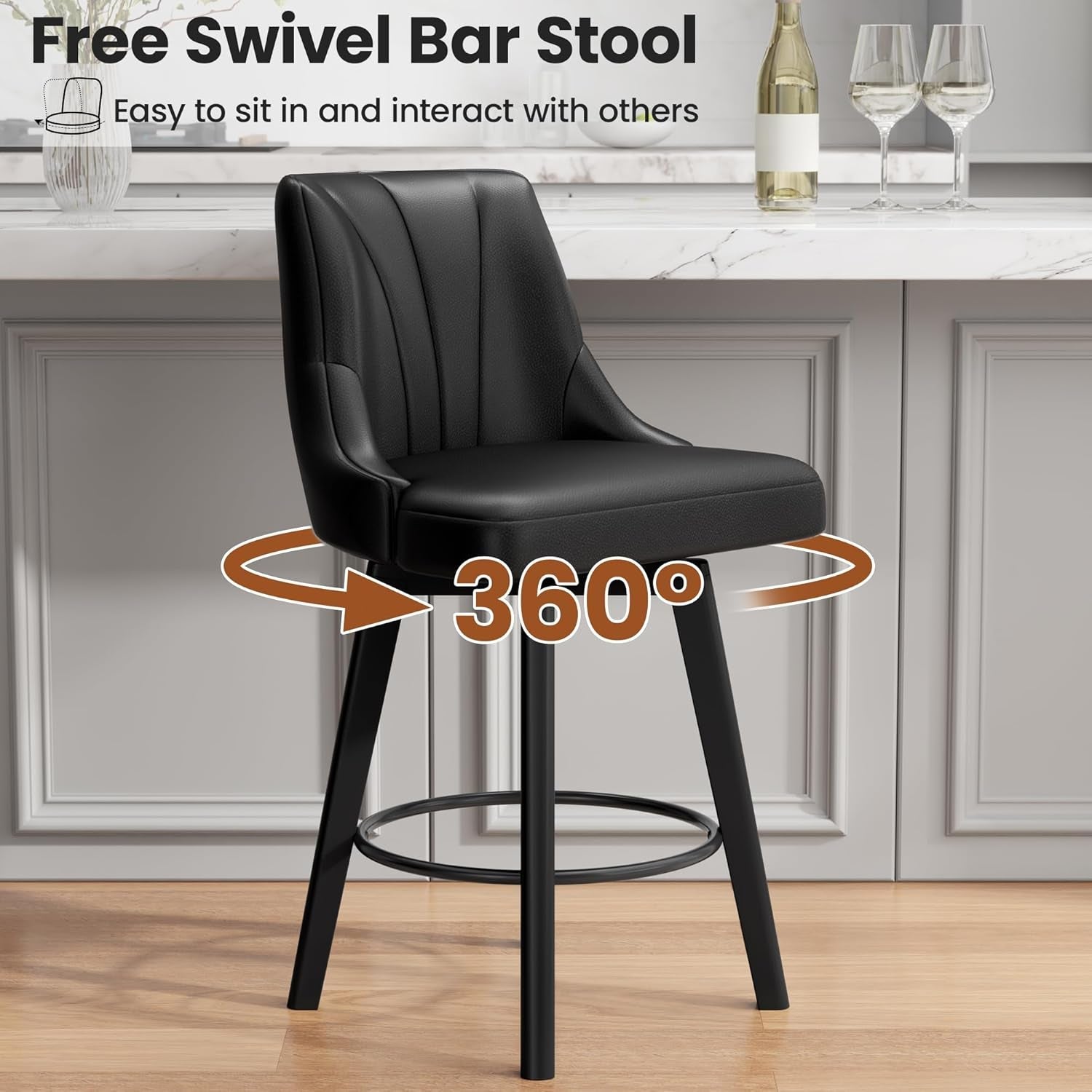 Counter Height Swivel Bar Stool 24 Inch Set Of 3 Black PU Leather