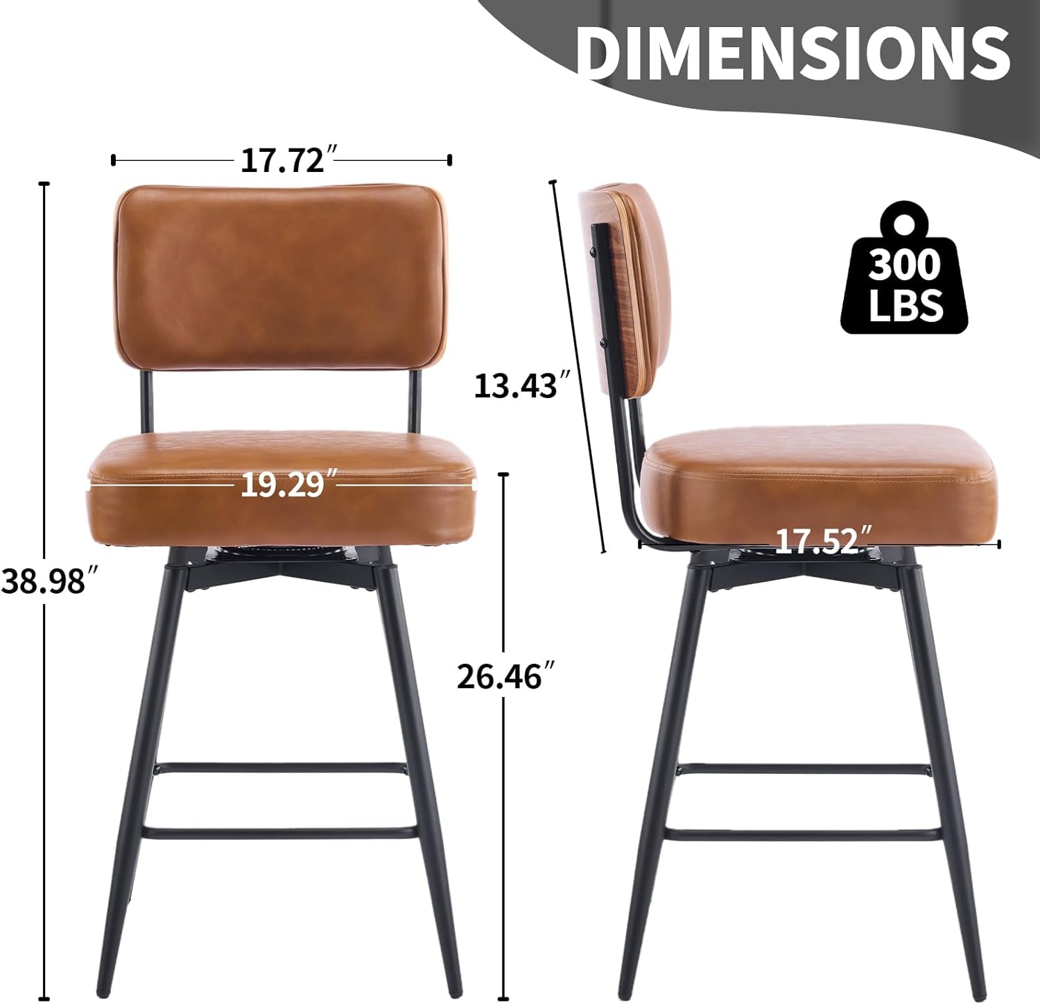 Counter Height Bar Stools Set Of 2 26 Inch Brown PU Leather