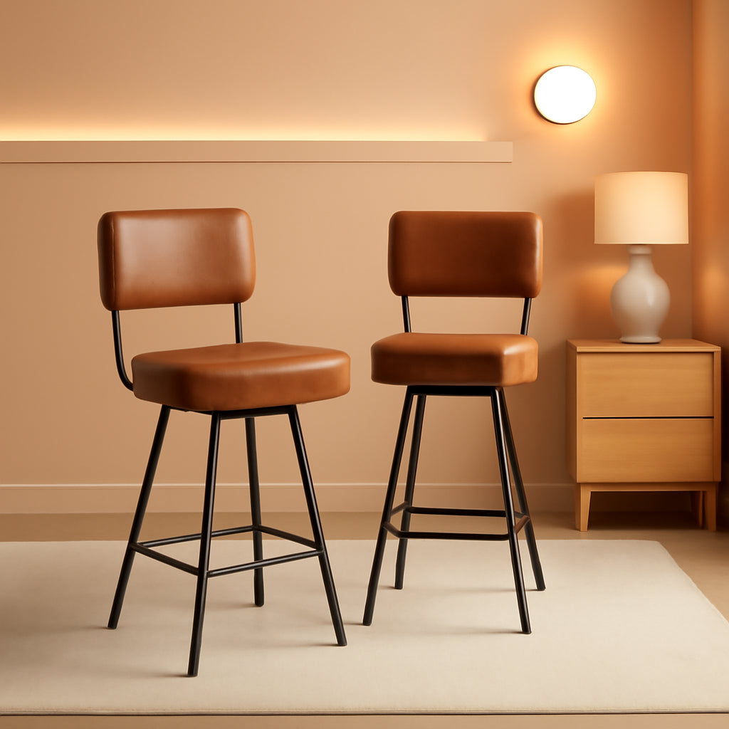 Counter Height Bar Stools Set Of 2 26 Inch Brown PU Leather