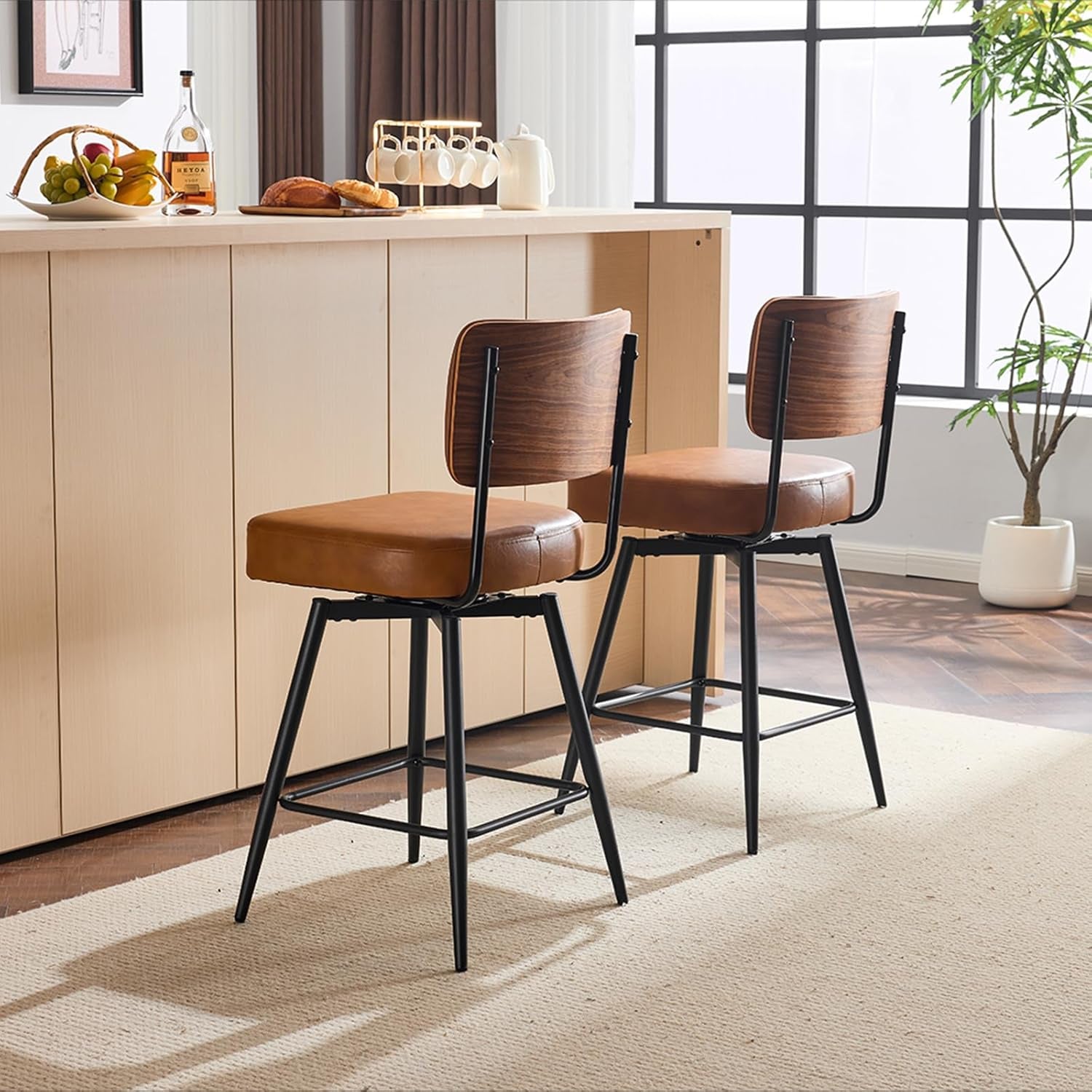 Counter Height Bar Stools Set Of 2 26 Inch Brown PU Leather