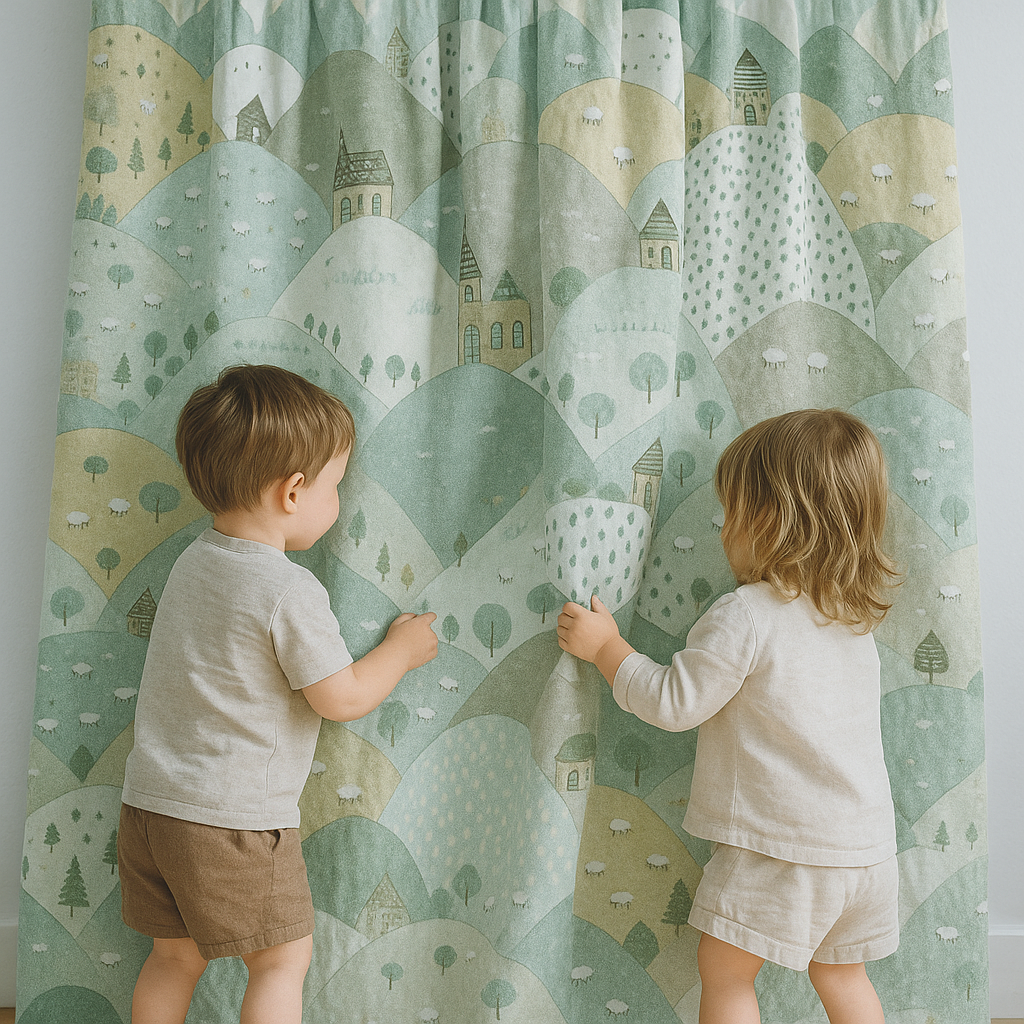 Linen Kids Curtains with Rolling Hills Countryside Pattern – 5 Colours – Blackout or Cotton Lined – Custom Sizes-1