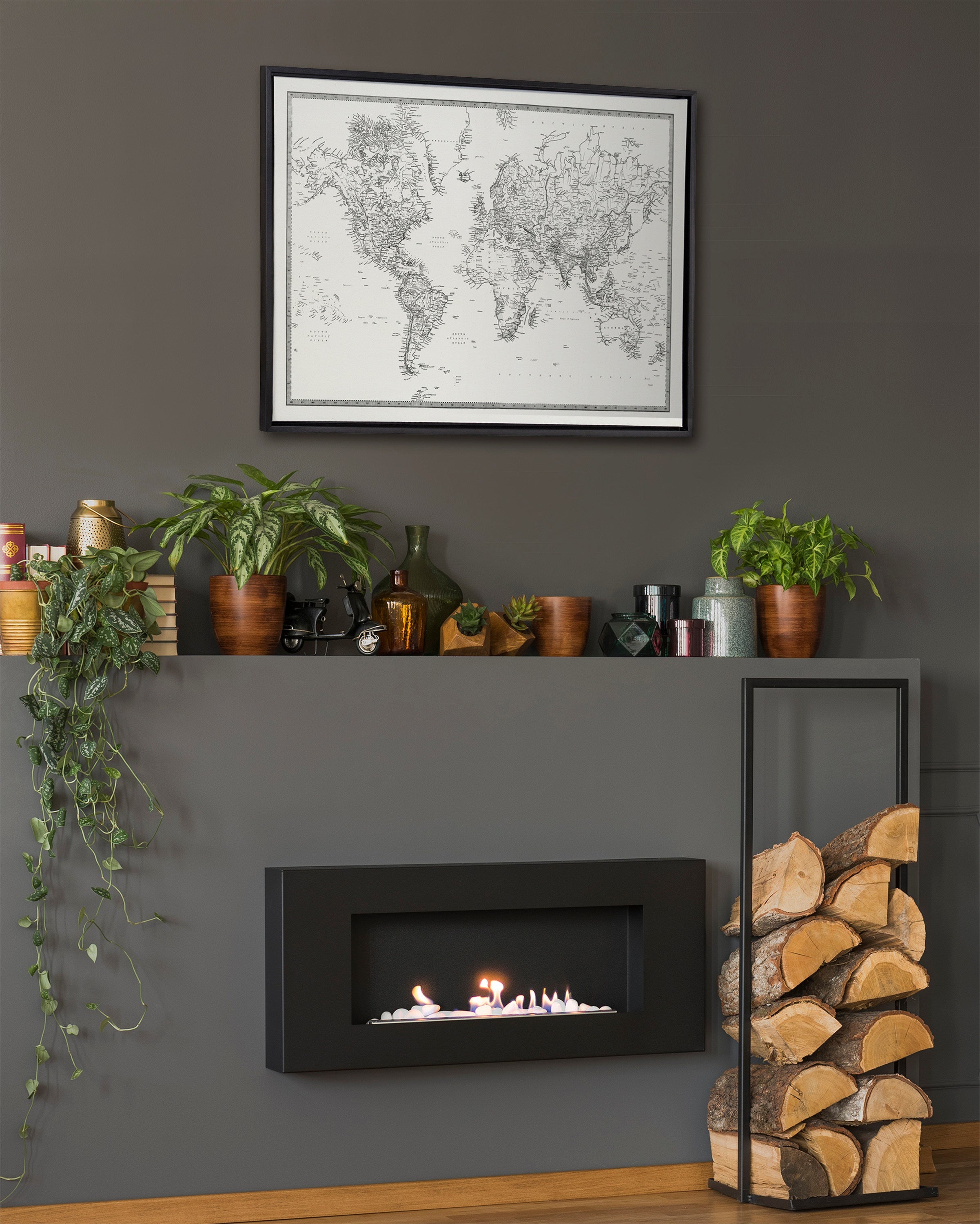 Sylvie Vintage Black and White World Map Framed Canvas by The Creative Bunch Studio