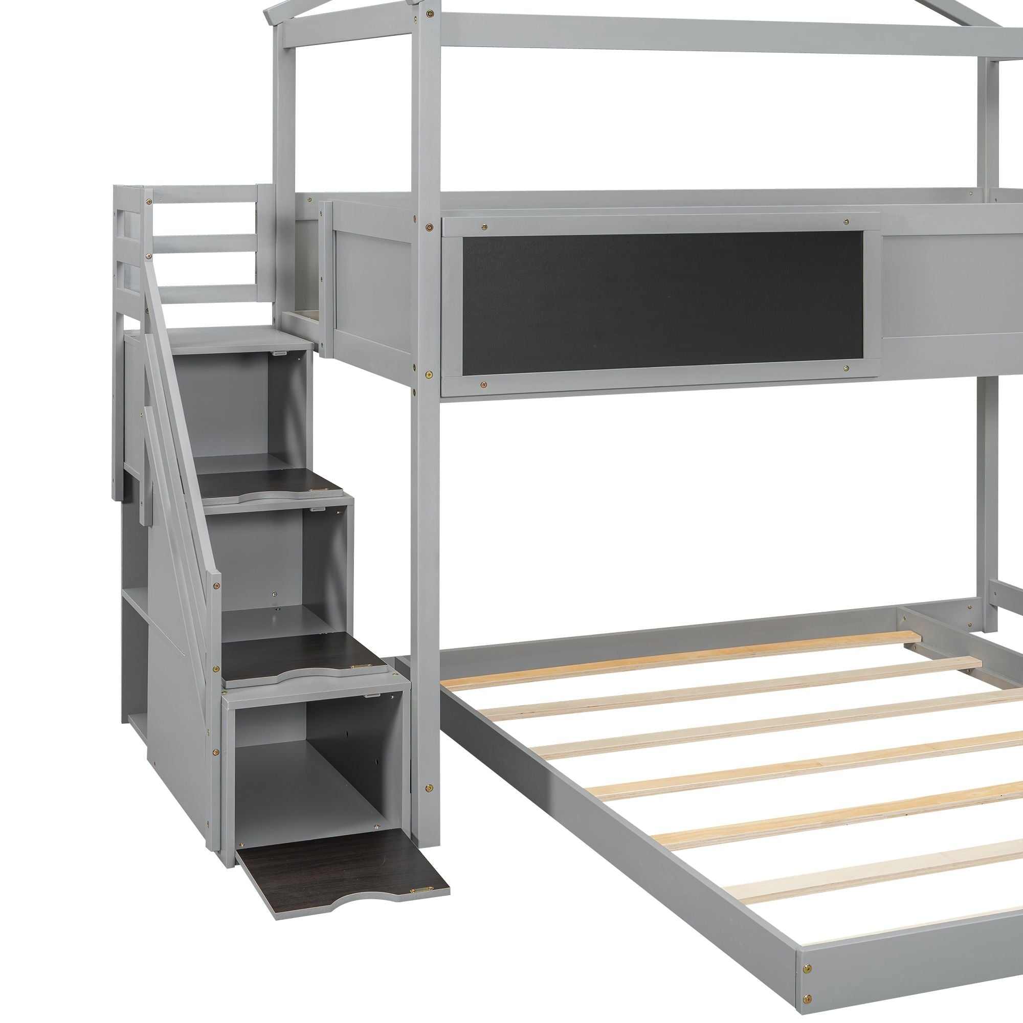 Creative Twin over Full Wood Bunk Bed with Storage Staircase and Blackboard, Gray and White | Just Better Bunk Beds
