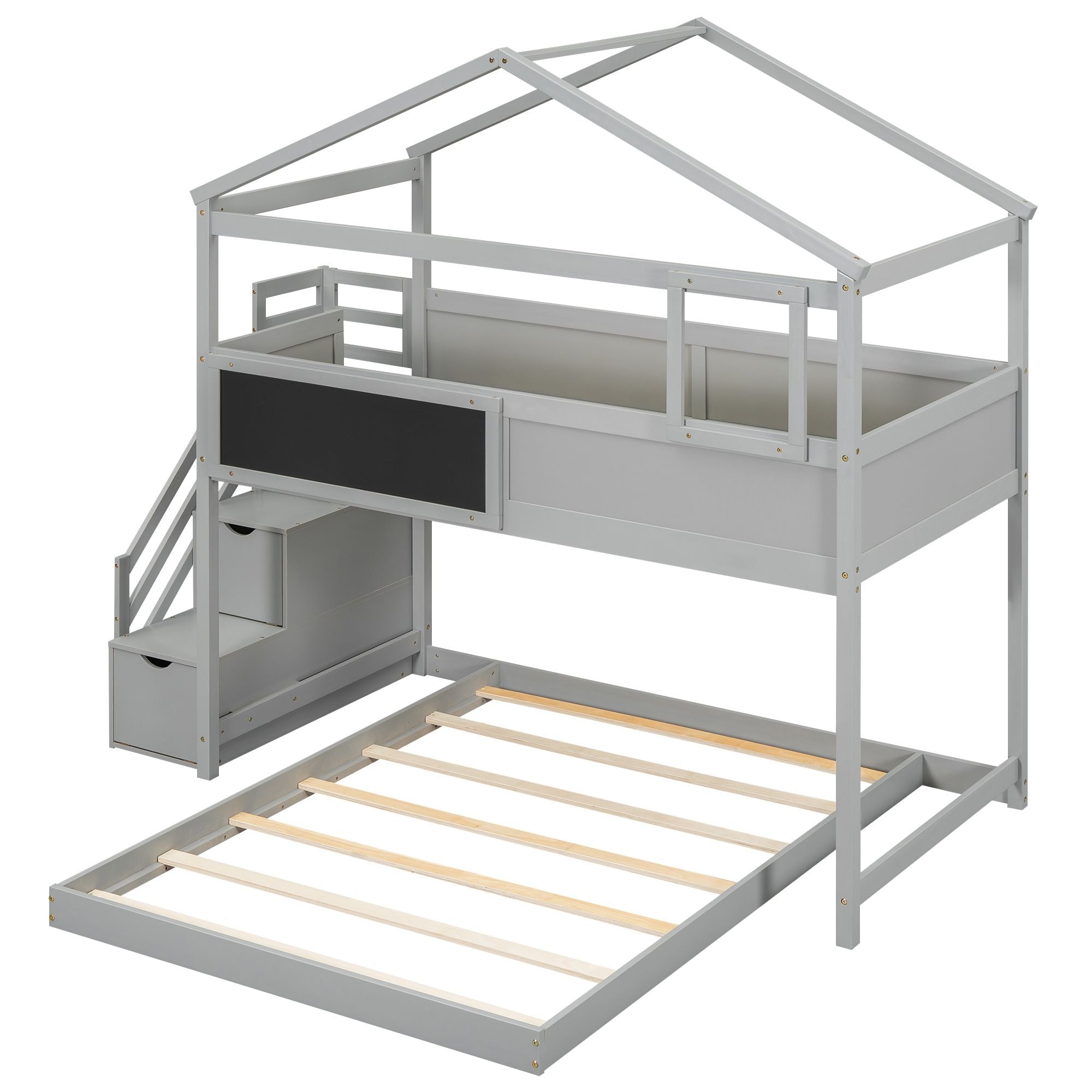 Creative Twin over Full Wood Bunk Bed with Storage Staircase and Blackboard, Gray and White | Just Better Bunk Beds