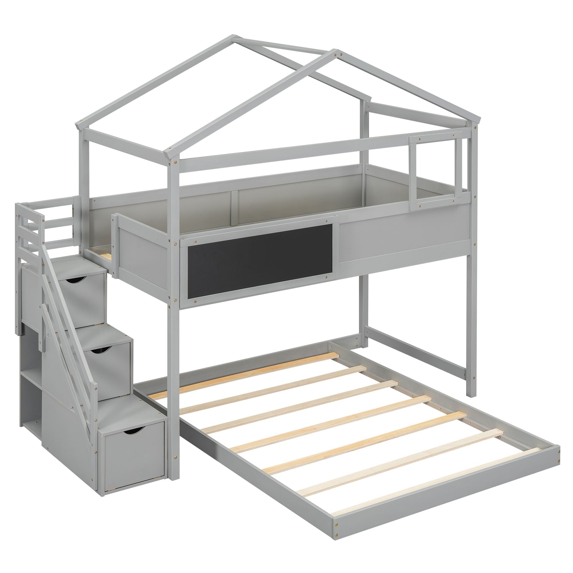 Creative Twin over Full Wood Bunk Bed with Storage Staircase and Blackboard, Gray and White | Just Better Bunk Beds