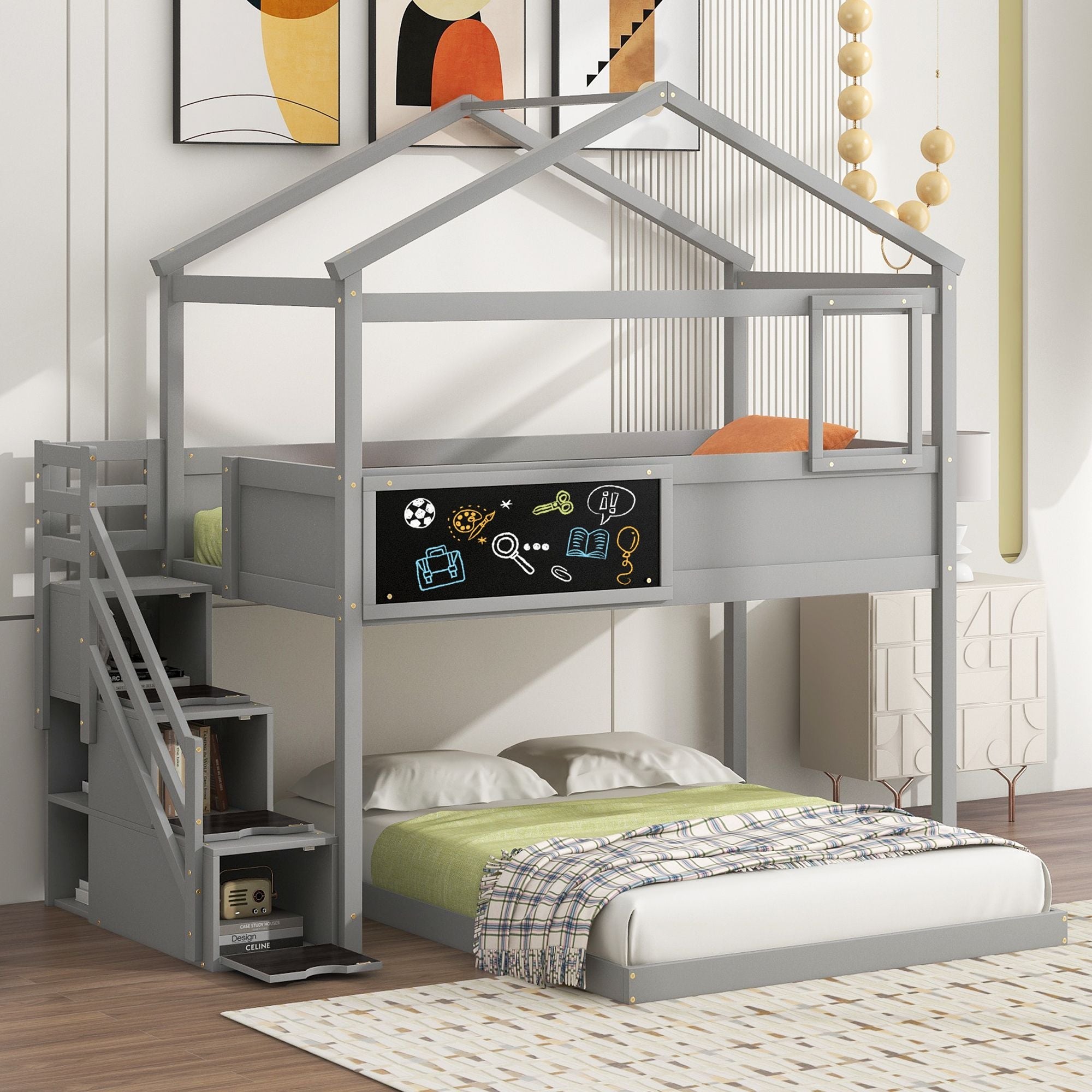 Creative Twin over Full Wood Bunk Bed with Storage Staircase and Blackboard, Gray and White | Just Better Bunk Beds