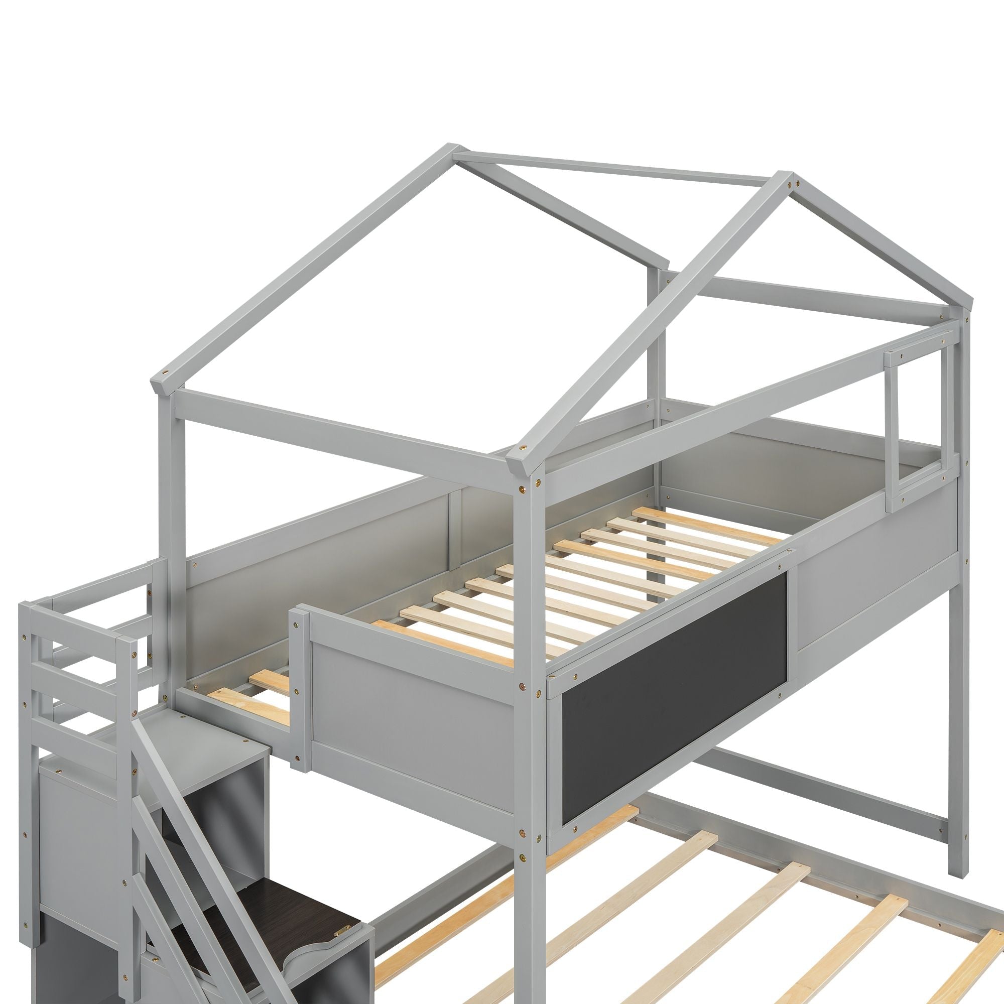 Creative Twin over Full Wood Bunk Bed with Storage Staircase and Blackboard, Gray and White | Just Better Bunk Beds