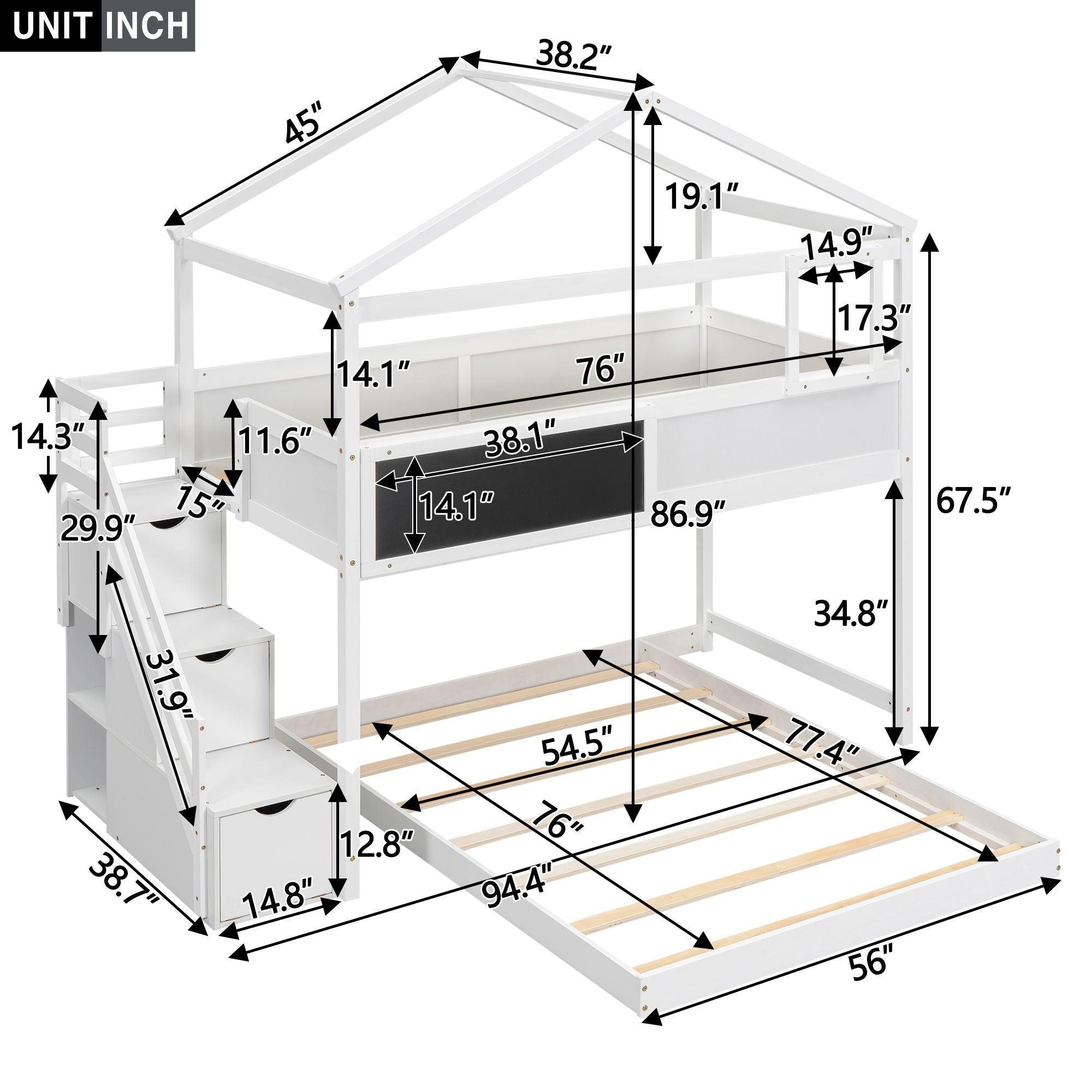Creative Twin over Full Wood Bunk Bed with Storage Staircase and Blackboard, Gray and White | Just Better Bunk Beds