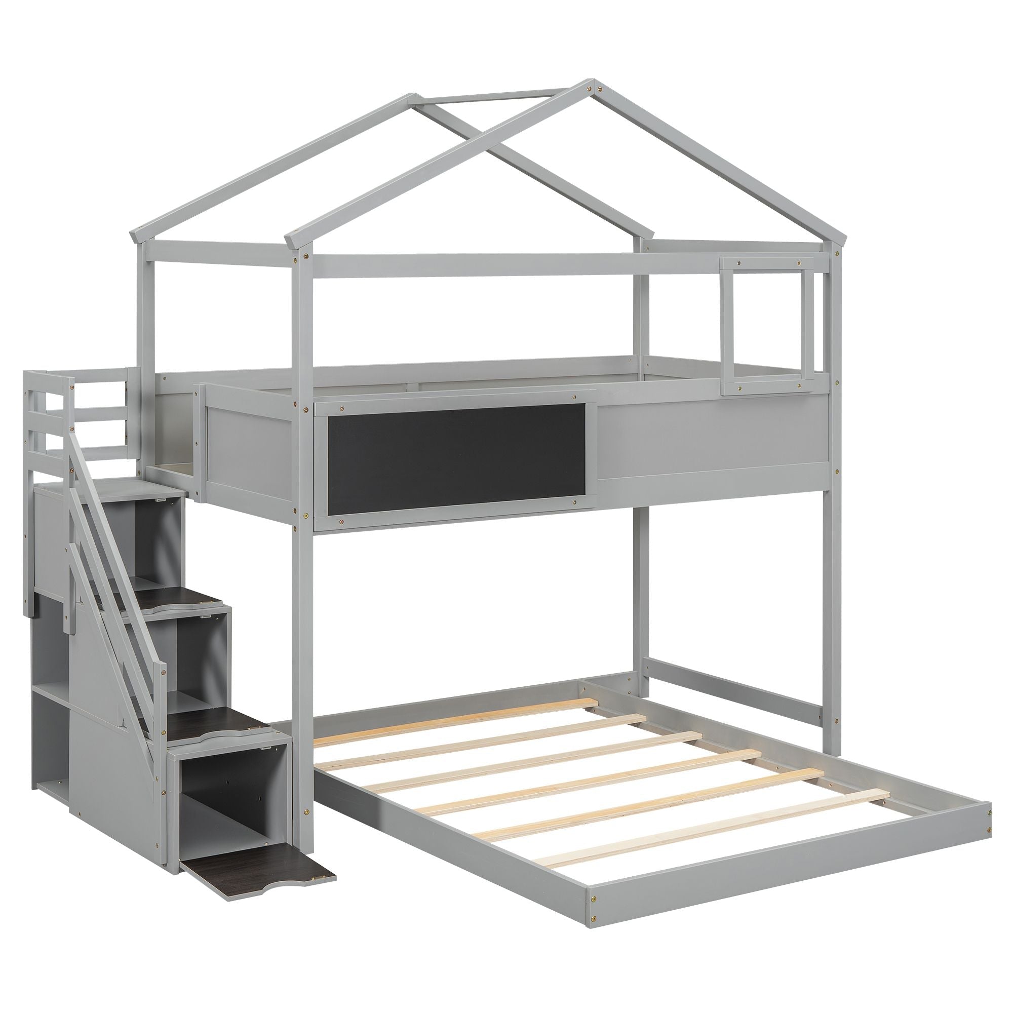 Creative Twin over Full Wood Bunk Bed with Storage Staircase and Blackboard, Gray and White | Just Better Bunk Beds