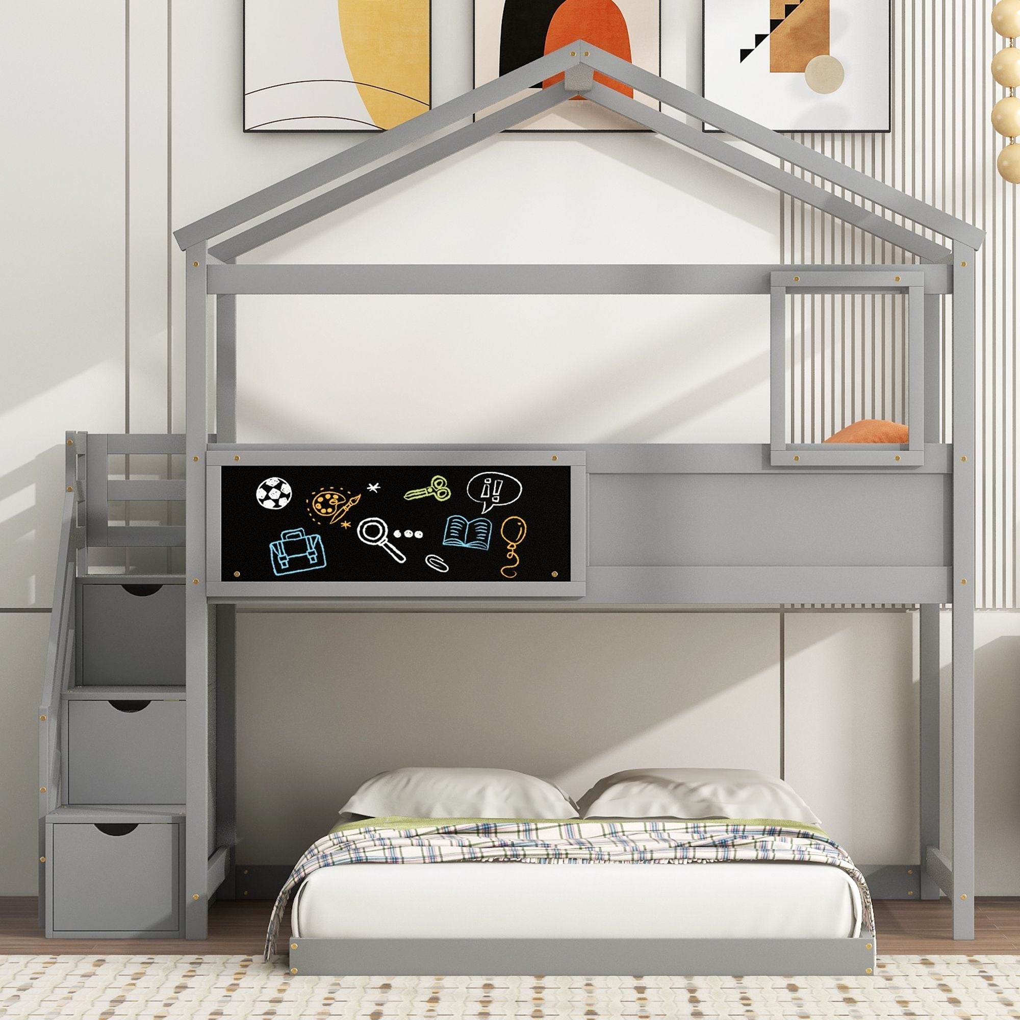 Creative Twin over Full Wood Bunk Bed with Storage Staircase and Blackboard, Gray and White | Just Better Bunk Beds