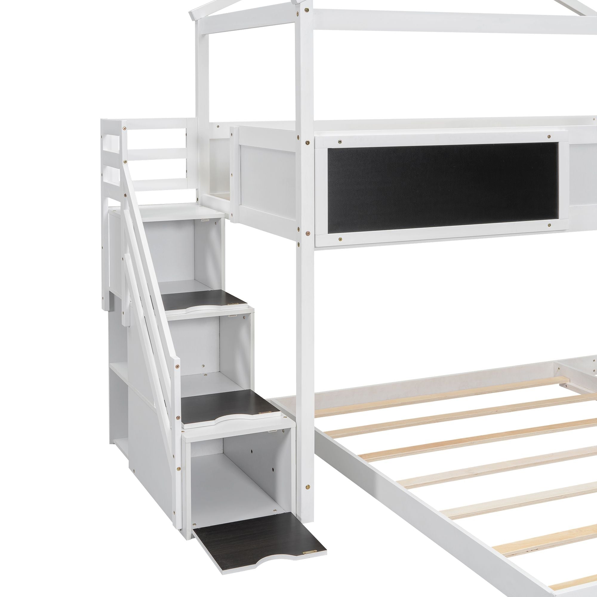 Creative Twin over Full Wood Bunk Bed with Storage Staircase and Blackboard, Gray and White | Just Better Bunk Beds