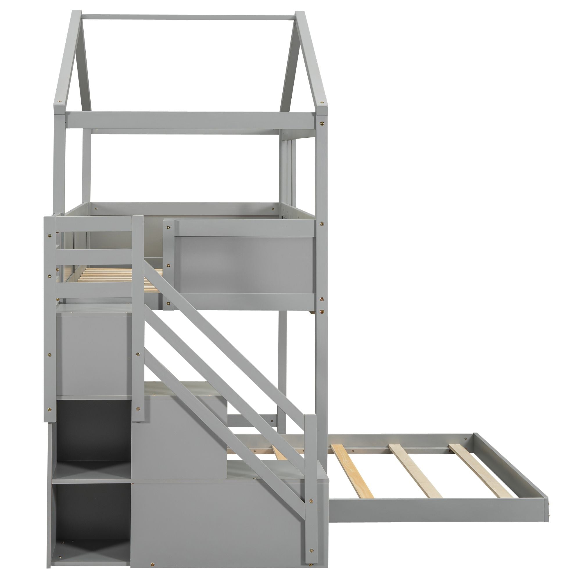 Creative Twin over Full Wood Bunk Bed with Storage Staircase and Blackboard, Gray and White | Just Better Bunk Beds