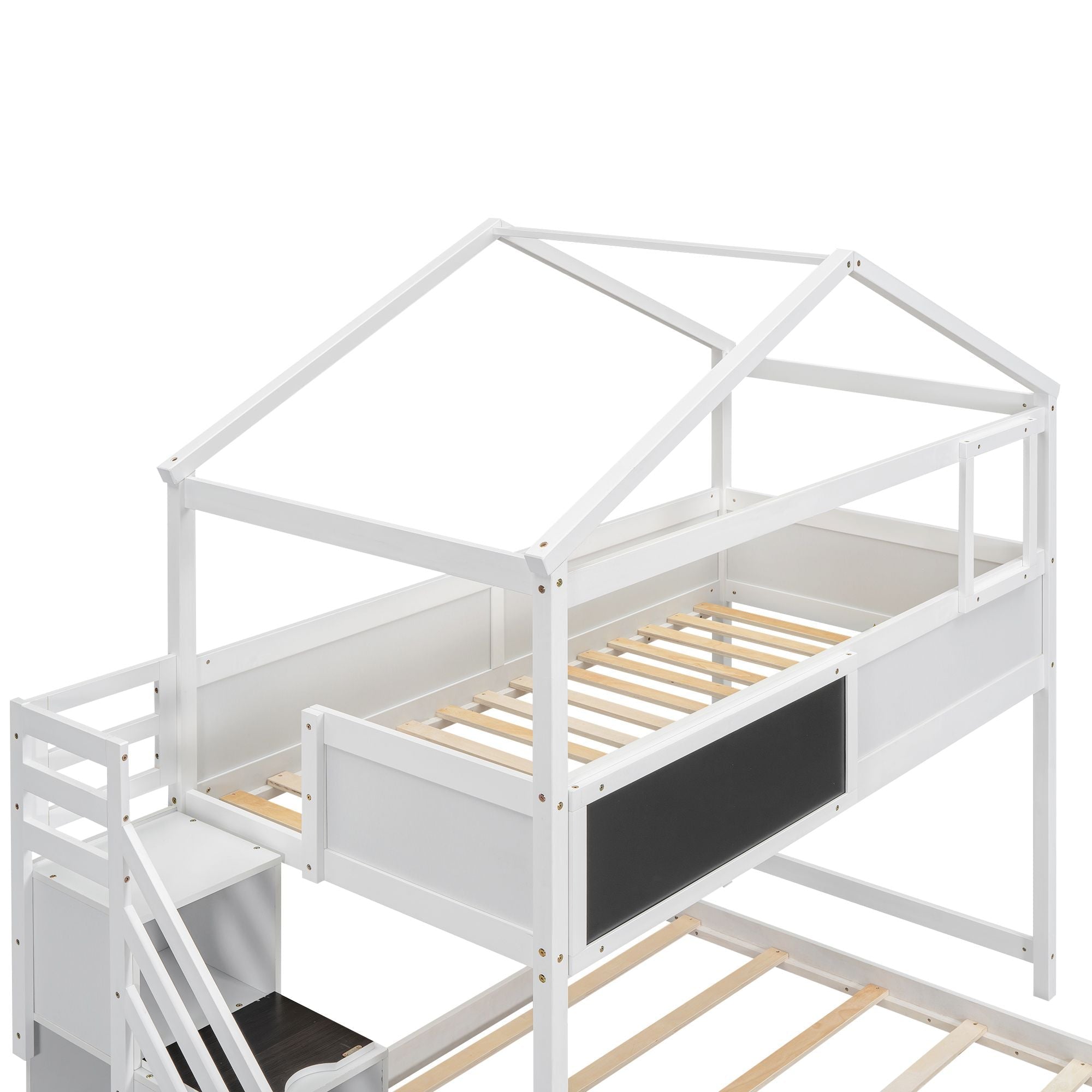Creative Twin over Full Wood Bunk Bed with Storage Staircase and Blackboard, Gray and White | Just Better Bunk Beds