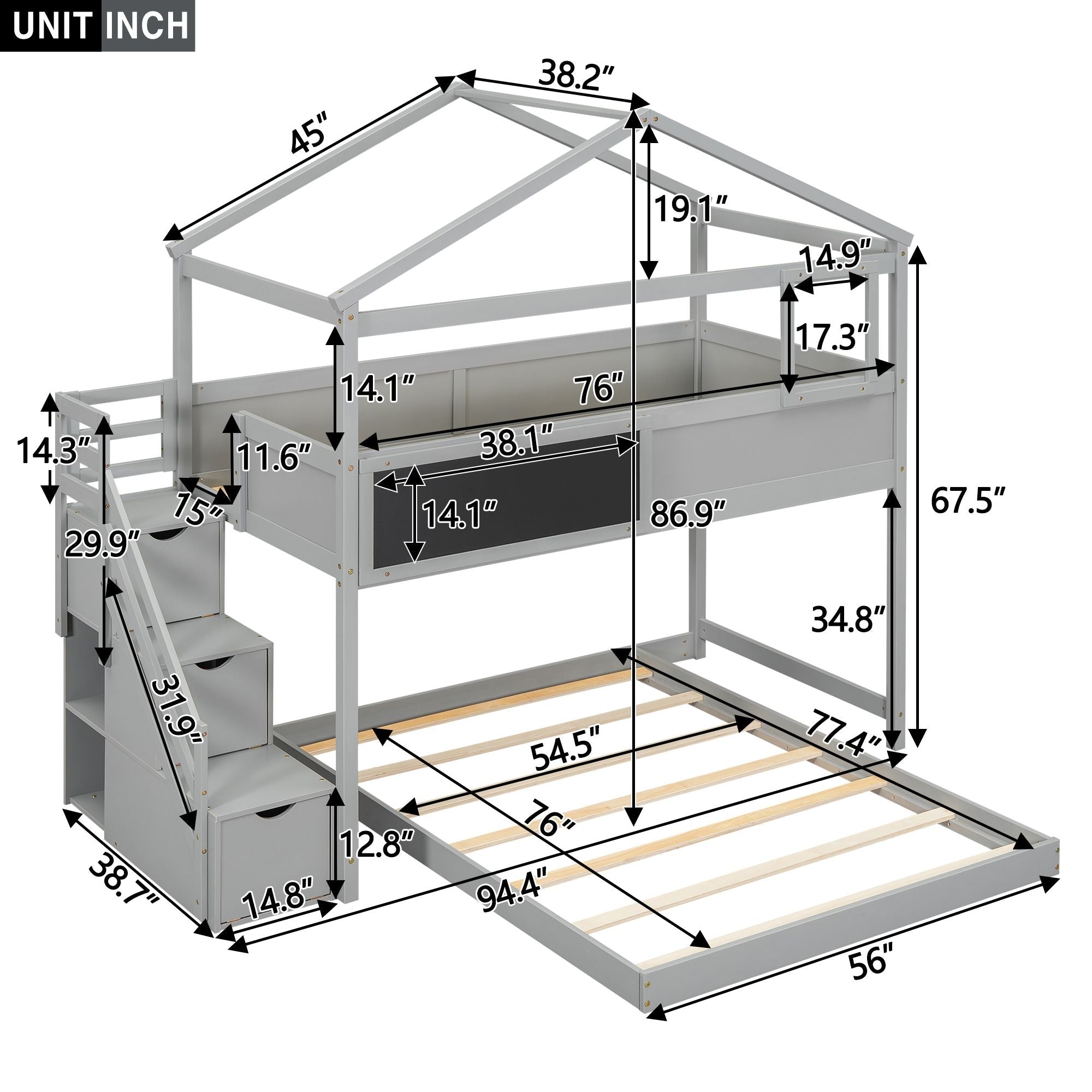 Creative Twin over Full Wood Bunk Bed with Storage Staircase and Blackboard, Gray and White | Just Better Bunk Beds