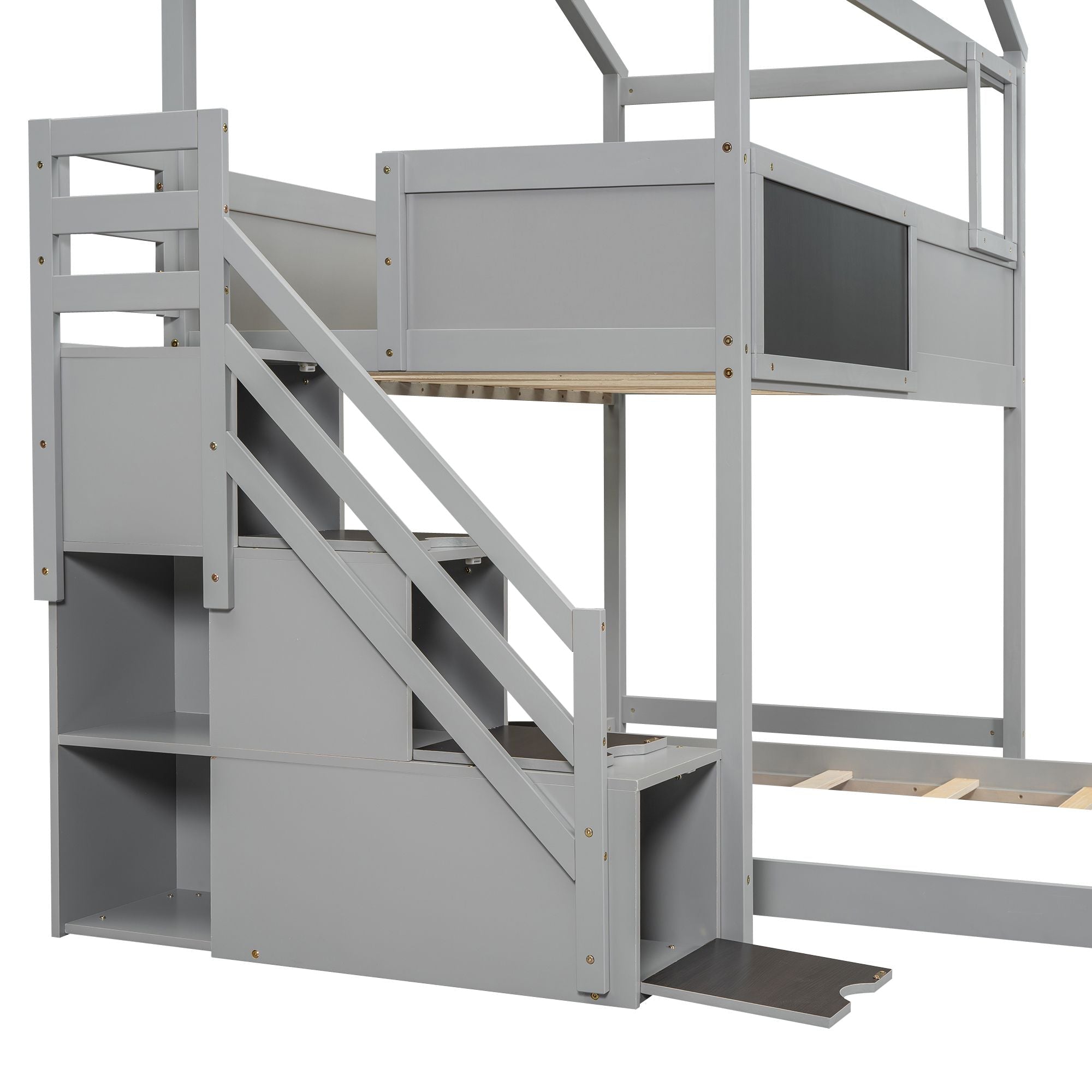Creative Twin over Full Wood Bunk Bed with Storage Staircase and Blackboard, Gray and White | Just Better Bunk Beds