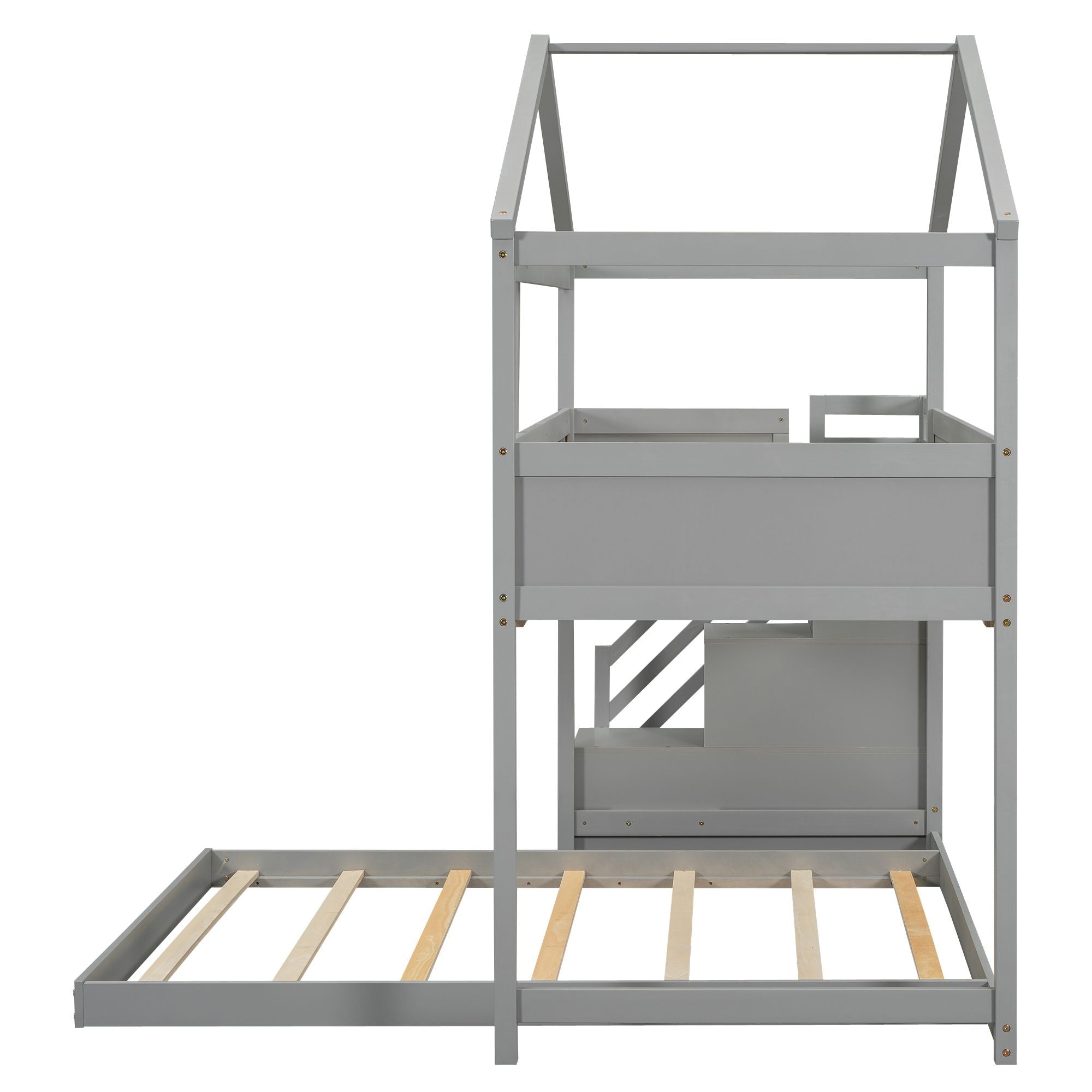 Creative Twin over Full Wood Bunk Bed with Storage Staircase and Blackboard, Gray and White | Just Better Bunk Beds