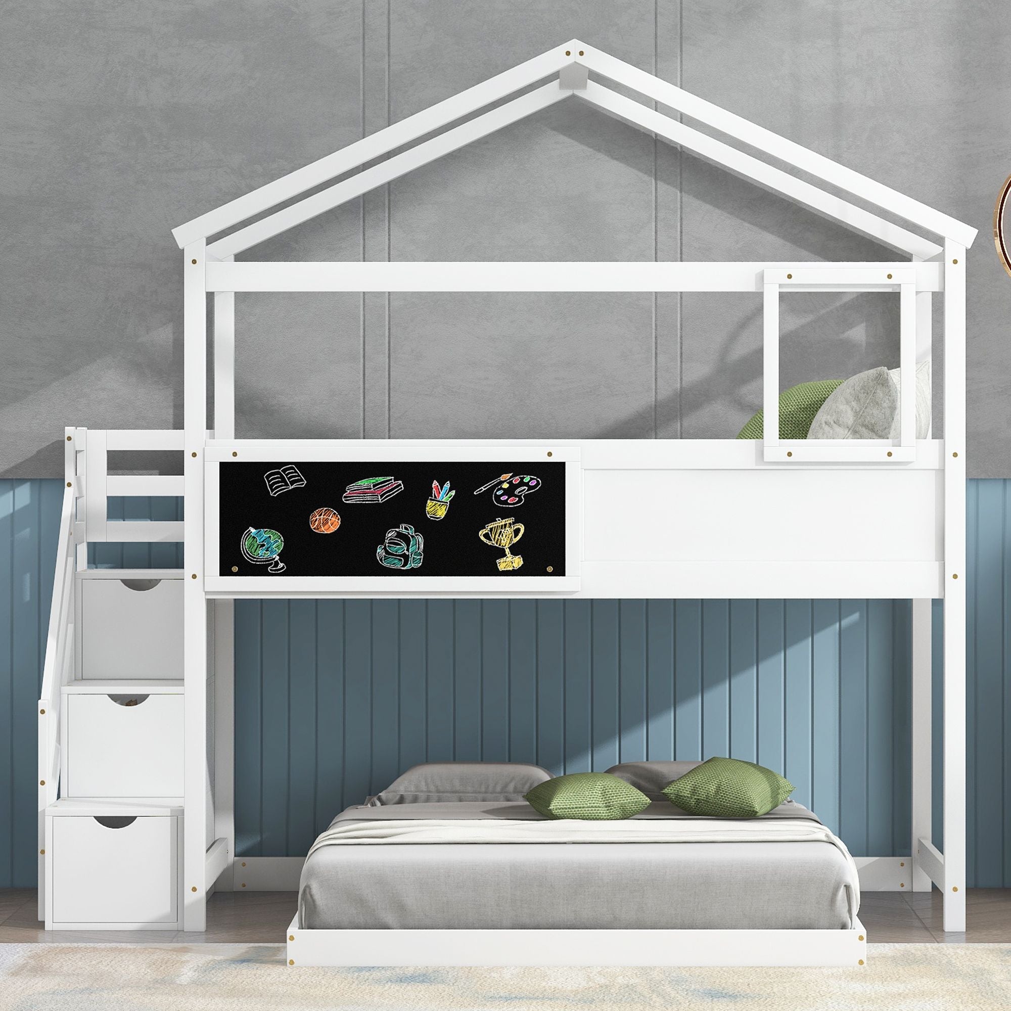 Creative Twin over Full Wood Bunk Bed with Storage Staircase and Blackboard, Gray and White | Just Better Bunk Beds