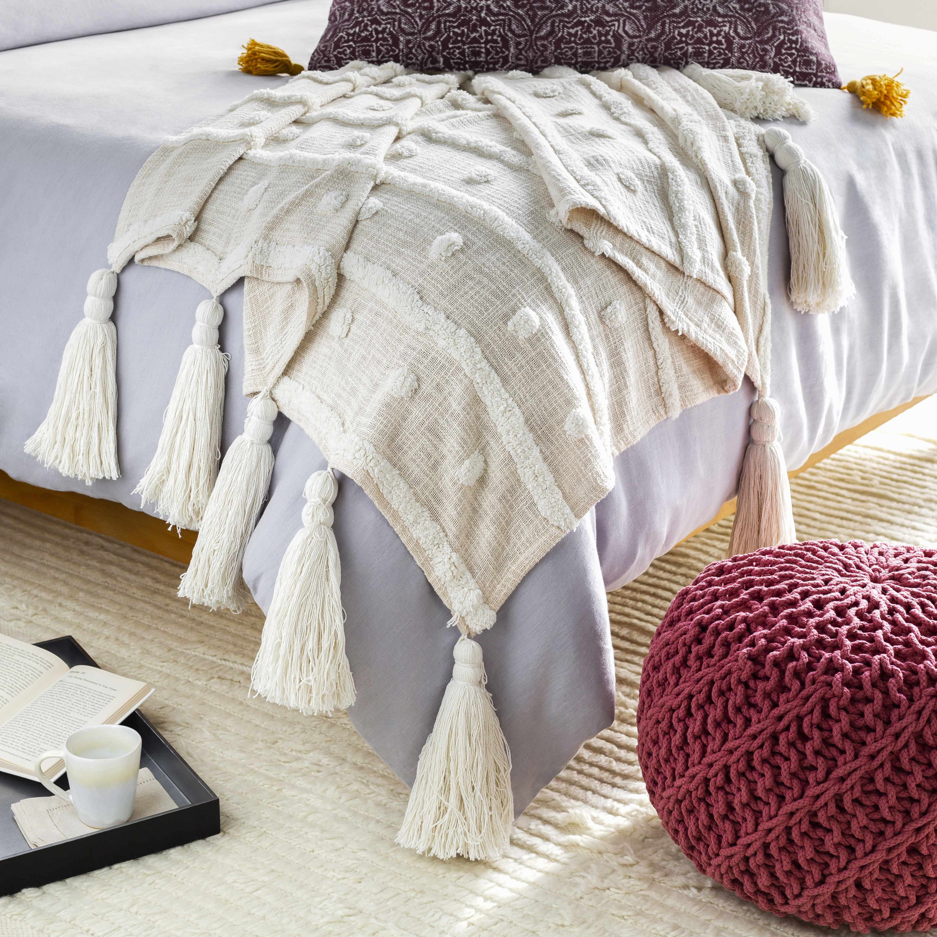 Beige Throw Blanket with big tassels - 50"x60"-0