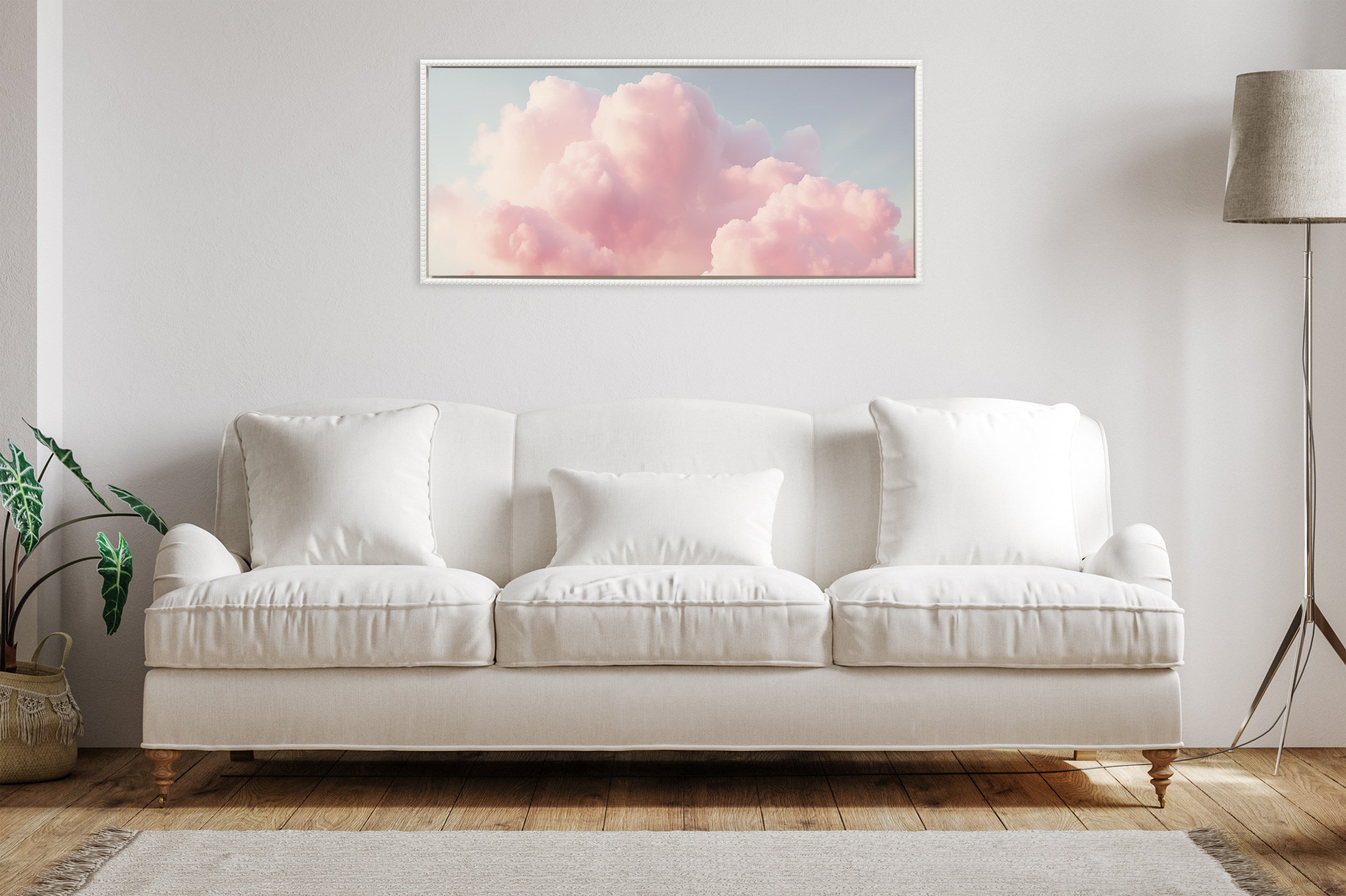 Sylvie Beaded Vintage Pink Cotton Candy Clouds Mountain Landscape Framed Canvas by The Creative Bunch Studio