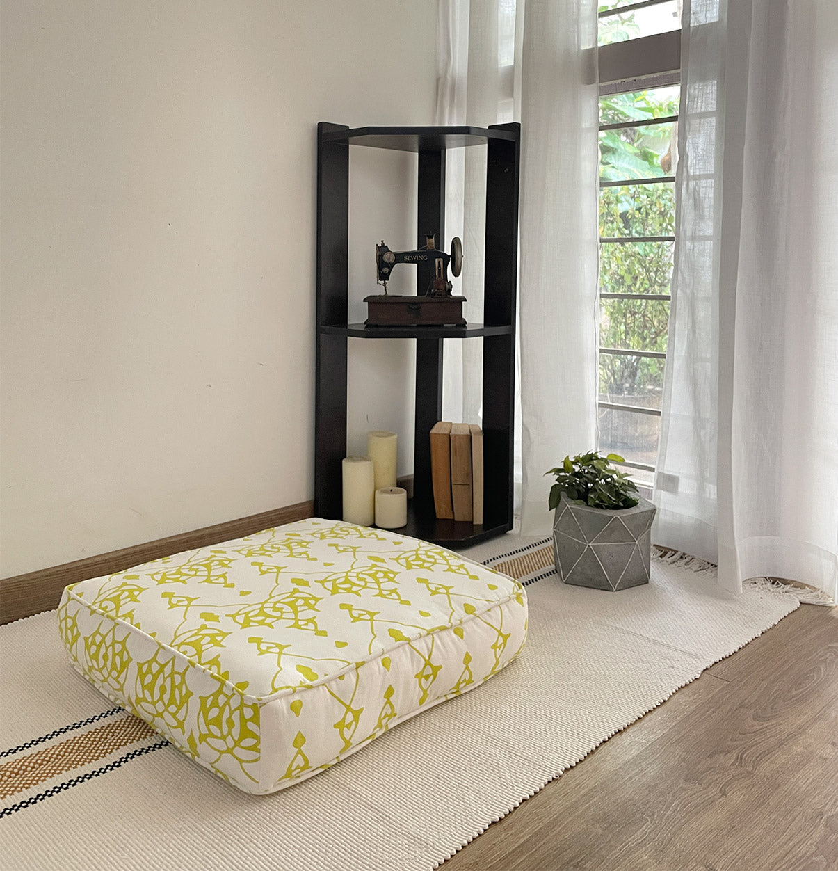 Large Patterned Floor Cushion (20x20") for Lounging & Meditation - Cream with Lime Green Design - 100% Cotton - Eco-Friendly-2