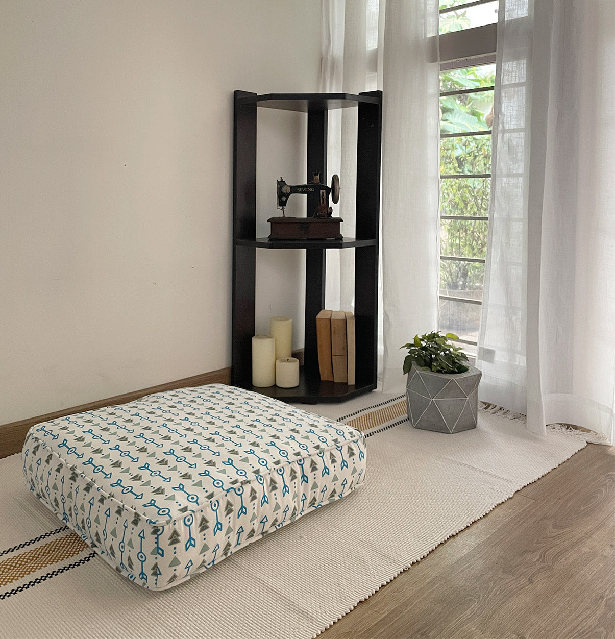 Large Patterned Floor Cushion (20x20") for Lounging & Meditation - Cream with Blue Arrow Design - 100% Cotton - Eco-Friendly-2