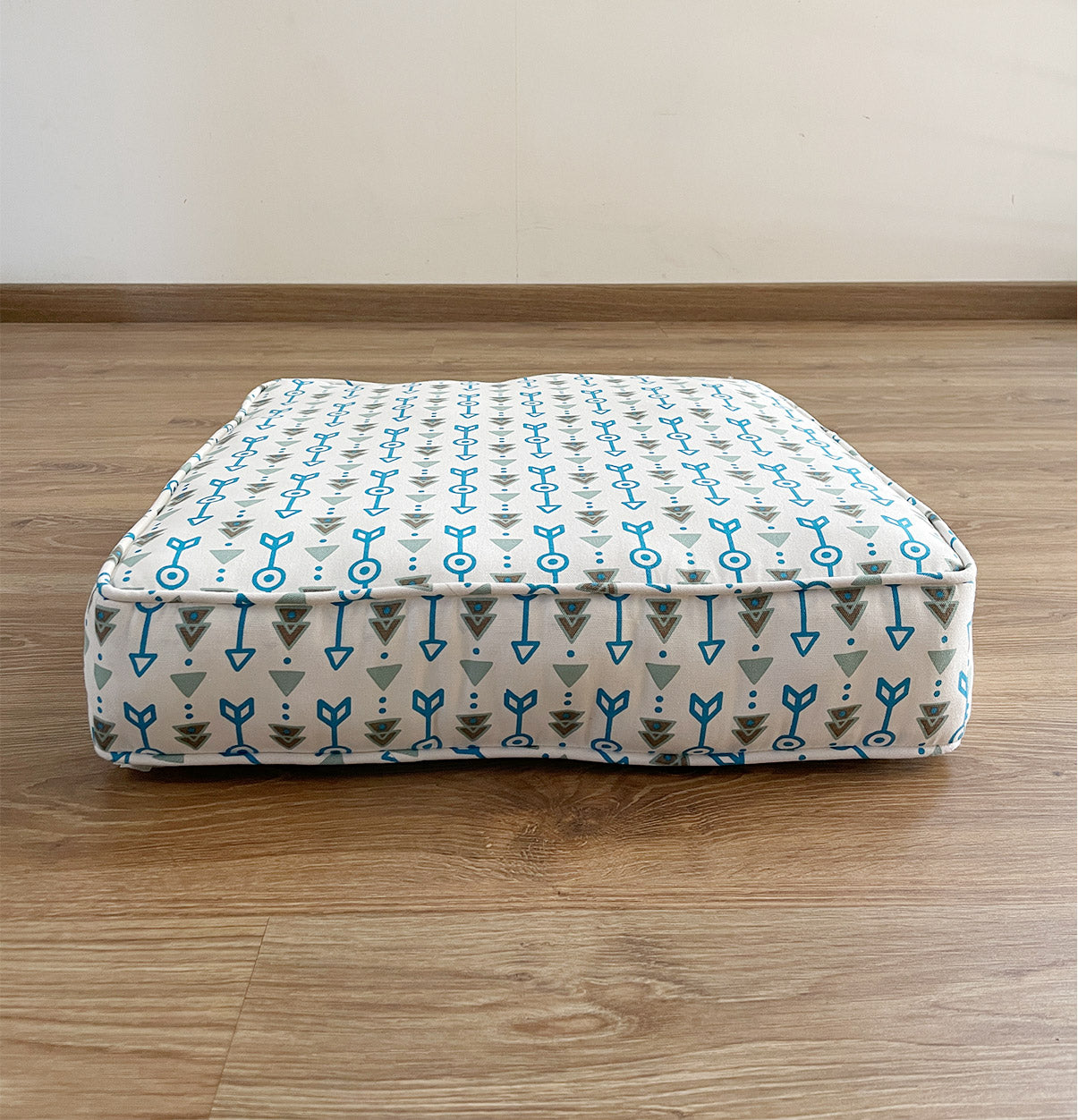 Large Patterned Floor Cushion (20x20") for Lounging & Meditation - Cream with Blue Arrow Design - 100% Cotton - Eco-Friendly-1