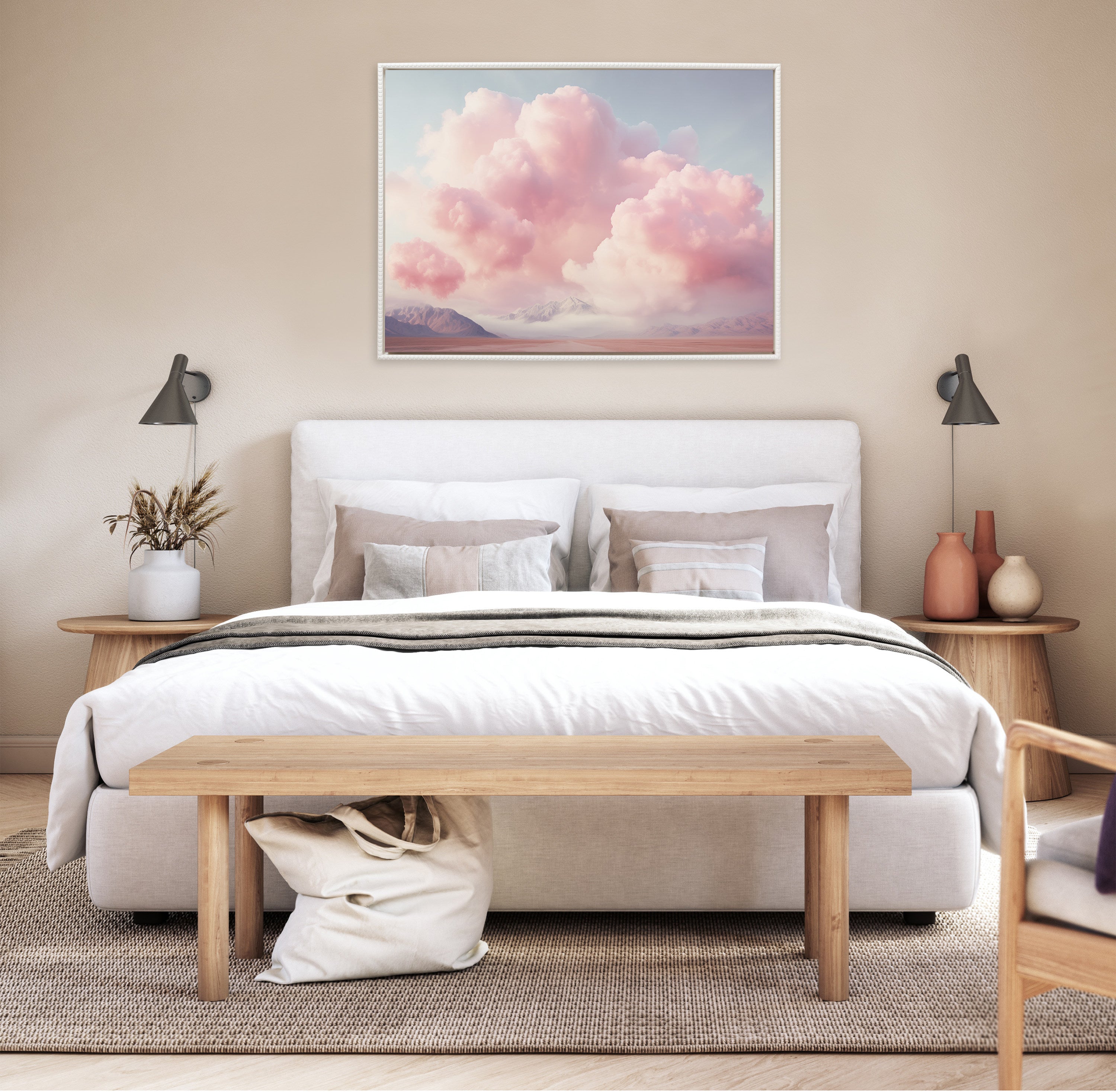 Sylvie Beaded Vintage Pink Cotton Candy Clouds Mountain Landscape Framed Canvas by The Creative Bunch Studio