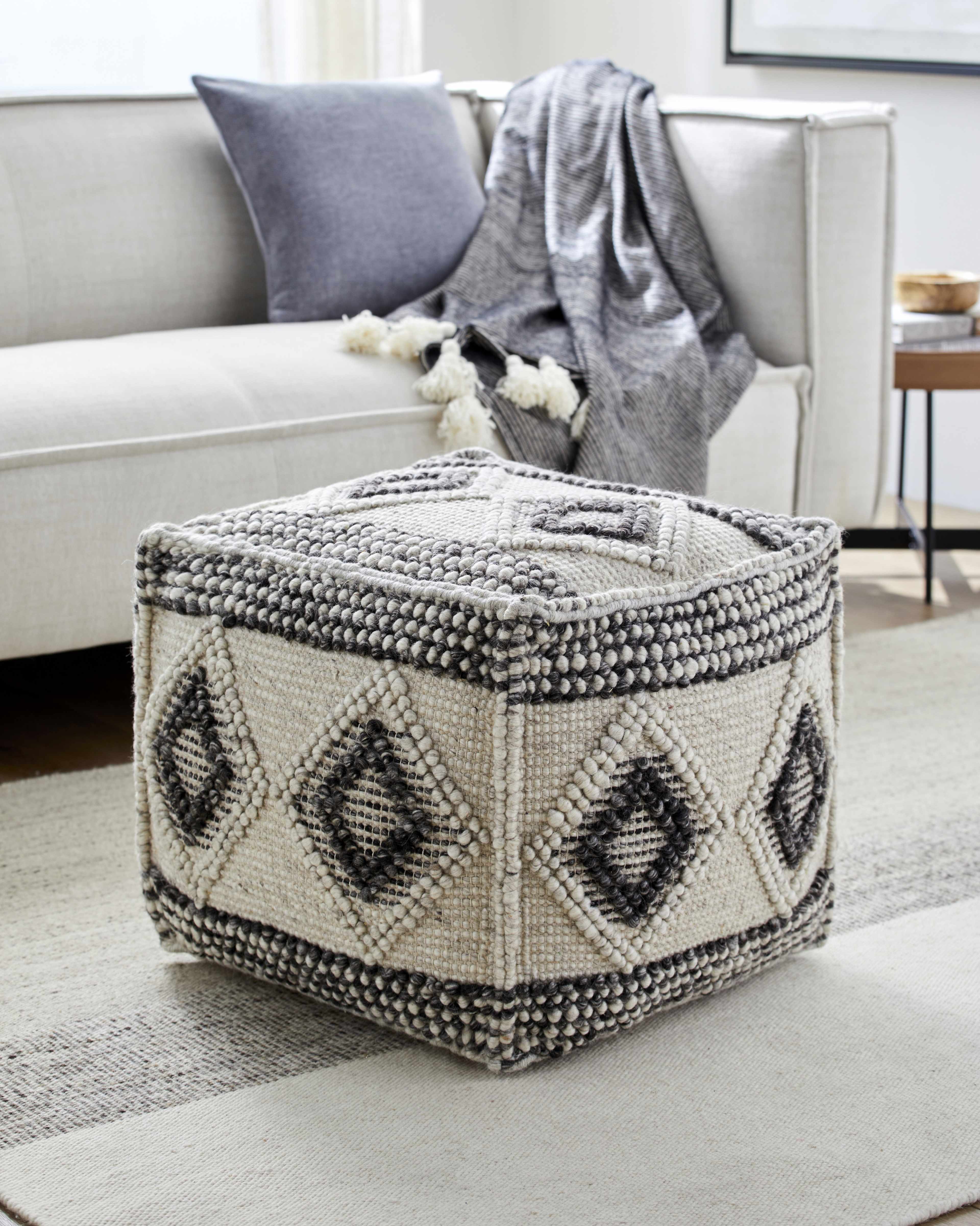 Cowanesque Beige Diamond-Patterned Square Pouf-1