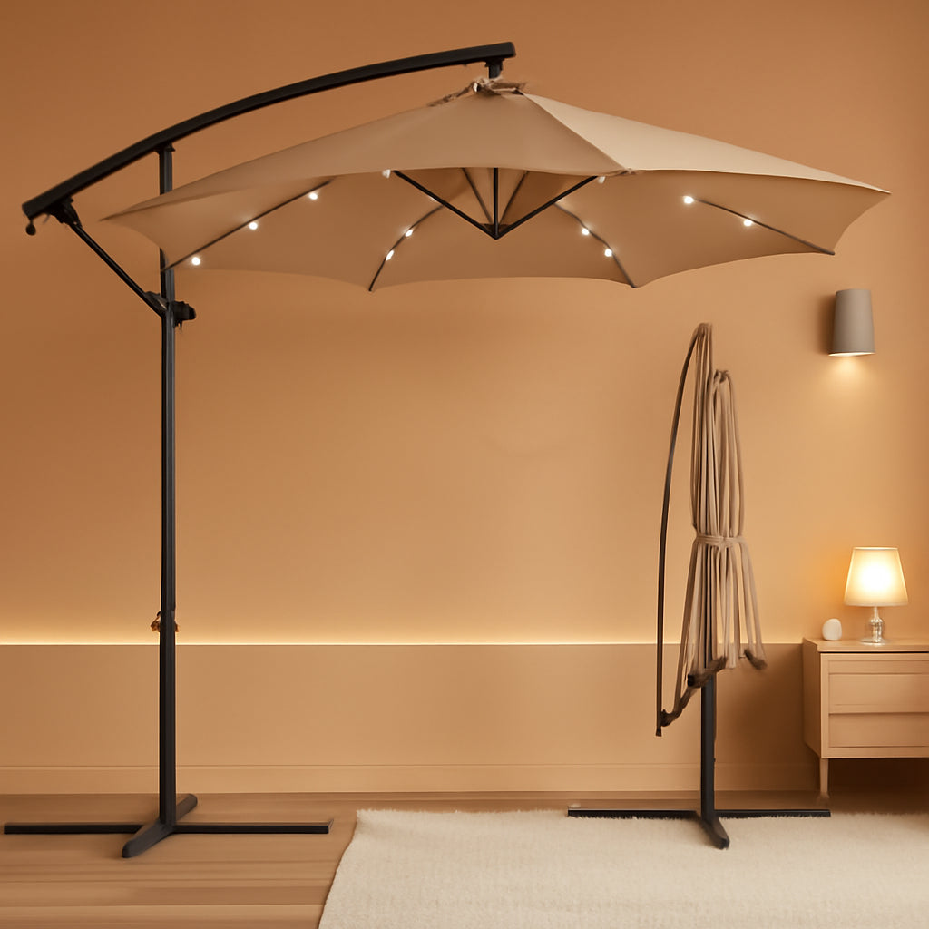 10 Foot Solar LED Offset Patio Umbrella With Easy Tilt Adjustment In Tan For Backyard Use