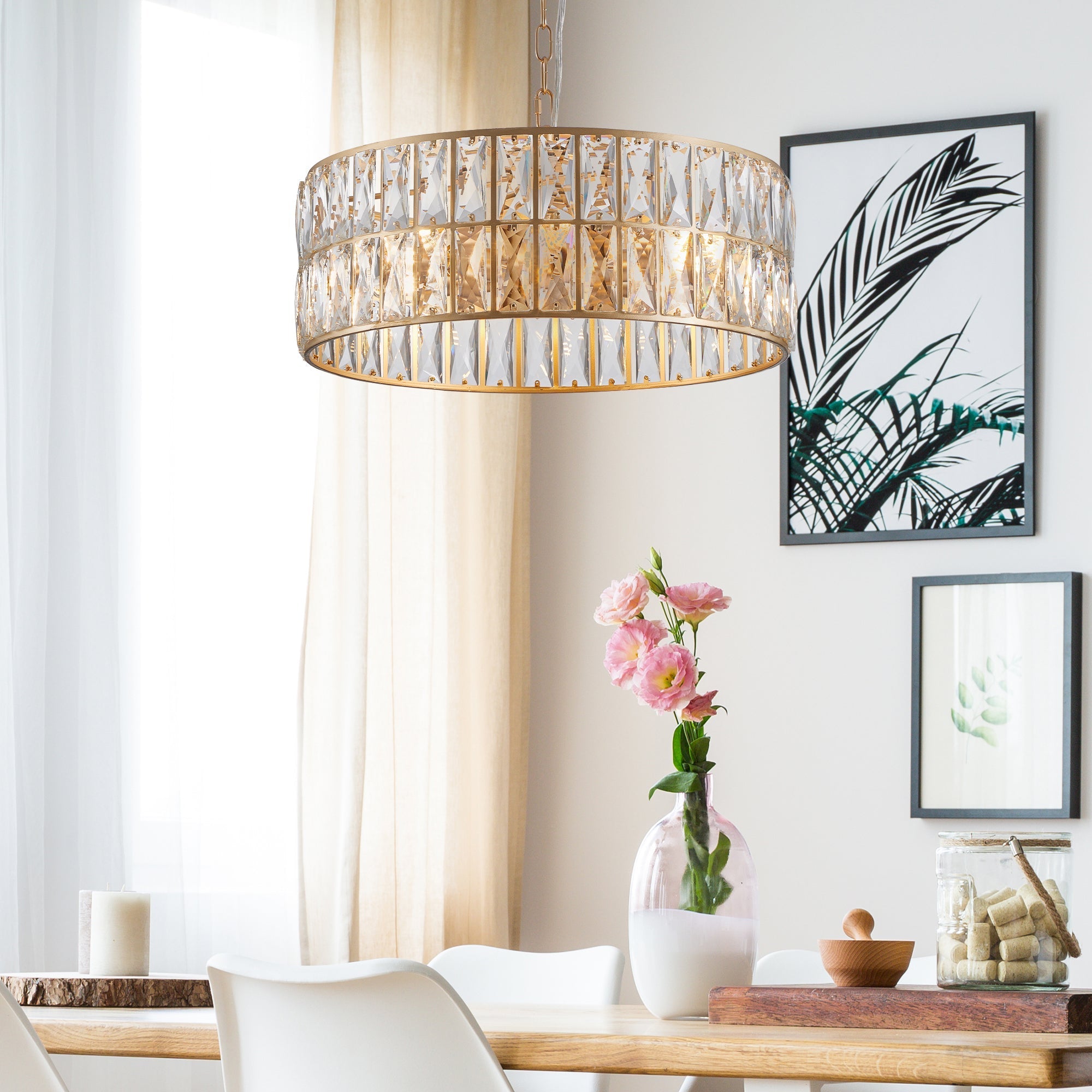 18' Golden Modern Crystal Drum Chandelier - 6-Light Pendant Lighting