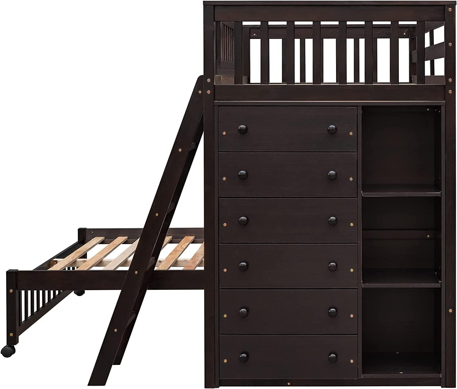 Espresso Twin Over Full Bunk Bed With Six Drawers Shelves