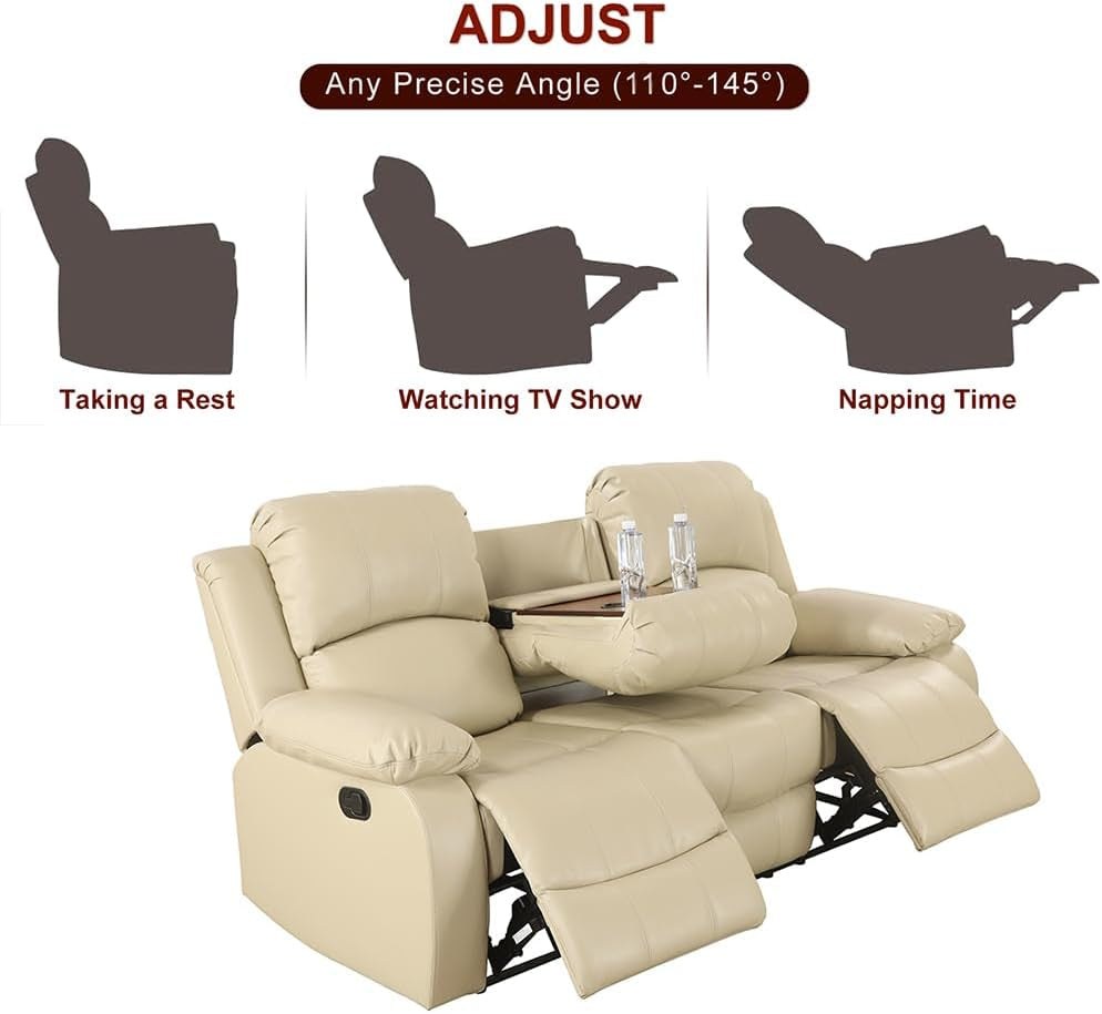Beige Leather Recliner Sofa Set With Built In Coffee Table