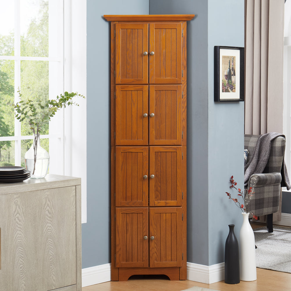 72" Corner Kitchen Pantry Cabinet | 4-Tier Tall Storage with 8 Doors & Shelves — Farmhouse Oak