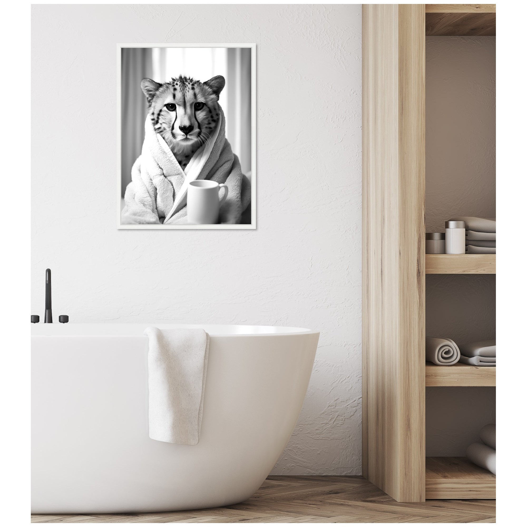 Sylvie Cheetah Bathroom Art Towel Robe Black and White Framed Canvas by The Creative Bunch Studio