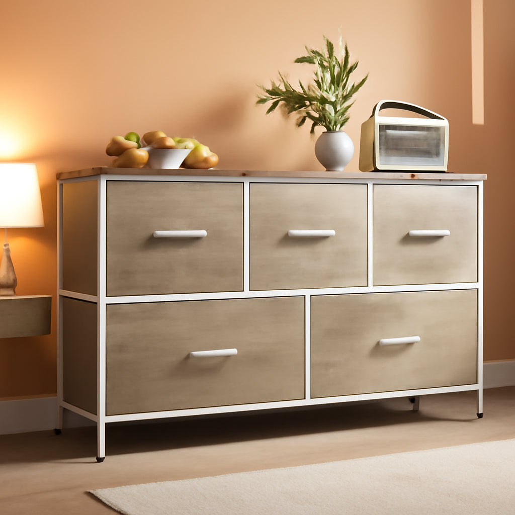 5 Drawer Wide Fabric Dresser Organizer With Wood Top