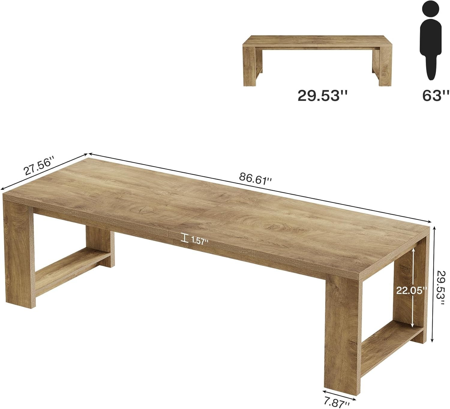 Oak 86 Inch Long Narrow Dining Table With Pedestal Base