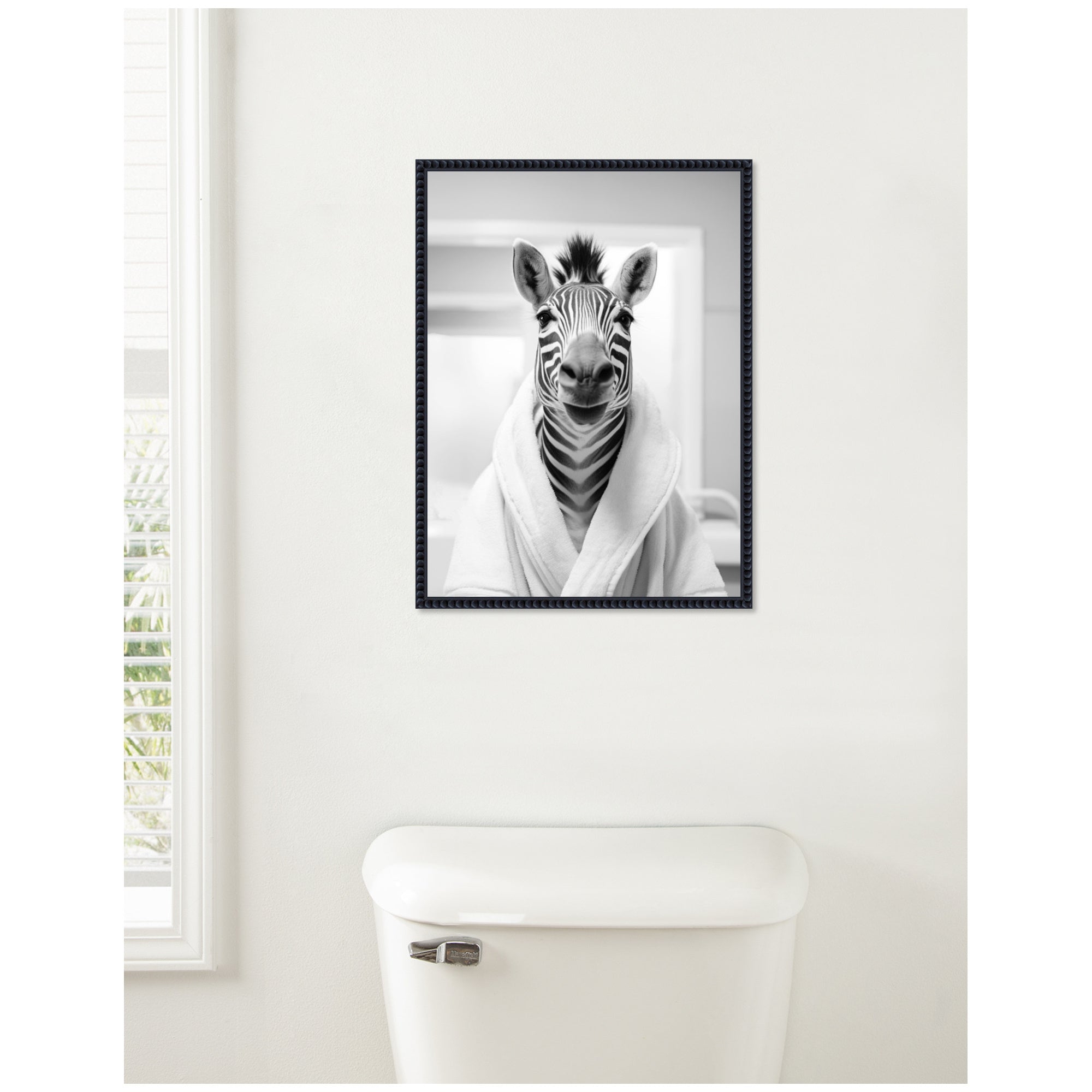 Sylvie Zebra Bathroom Art Towel Robe Black and White Framed Canvas by The Creative Bunch Studio