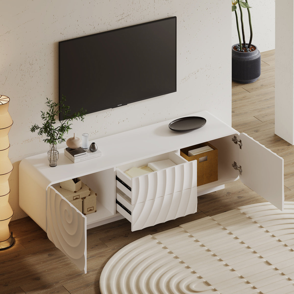 58" TV Console With Modern Unique Spiral Wave Design