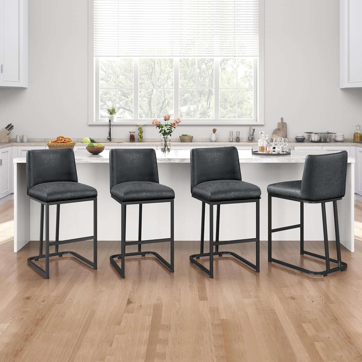 24 Inch Dark Gray Leather Counter Height Bar Stools Set 2