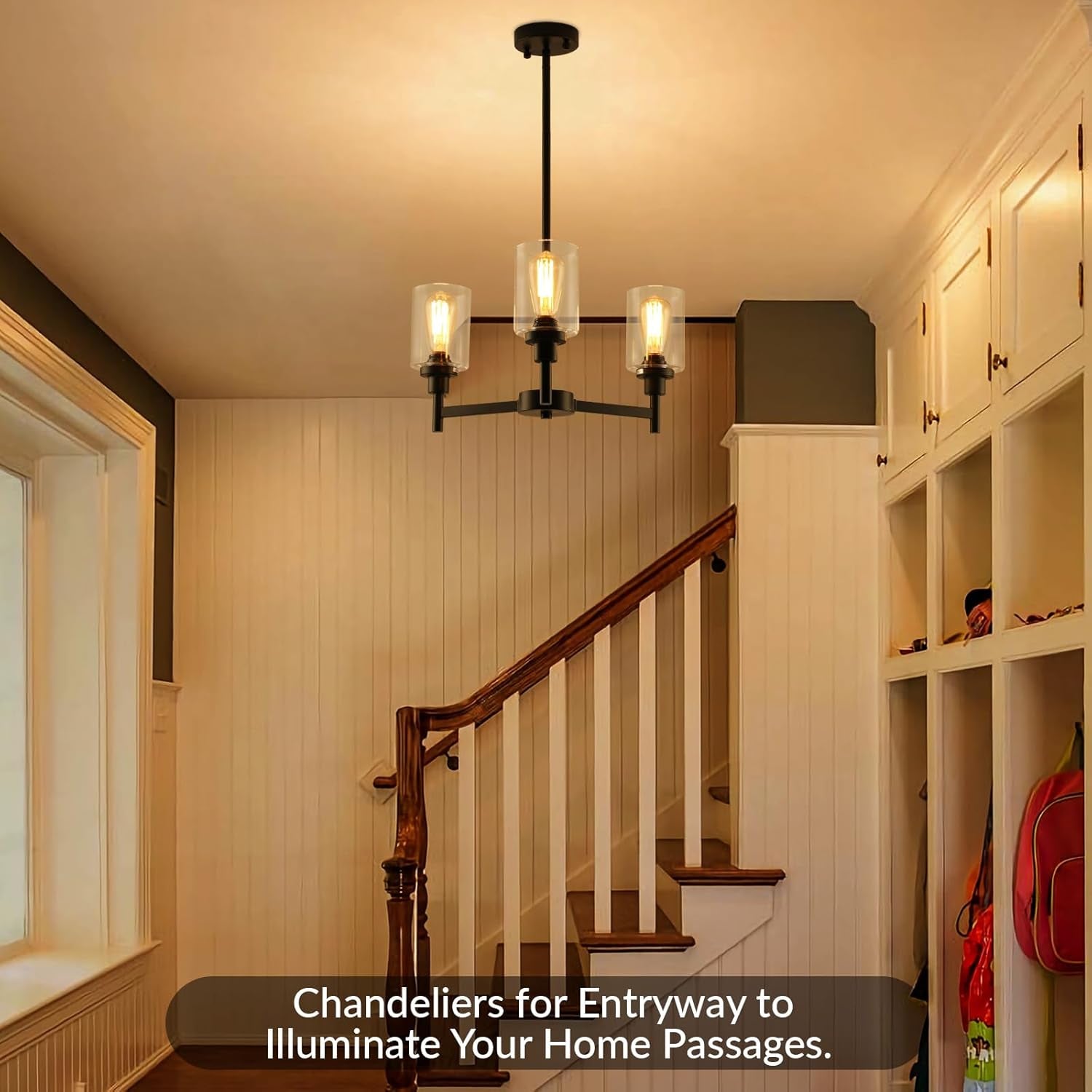 Three Light Black Glass Chandelier For Dining Room And Entryway With Glass Shade