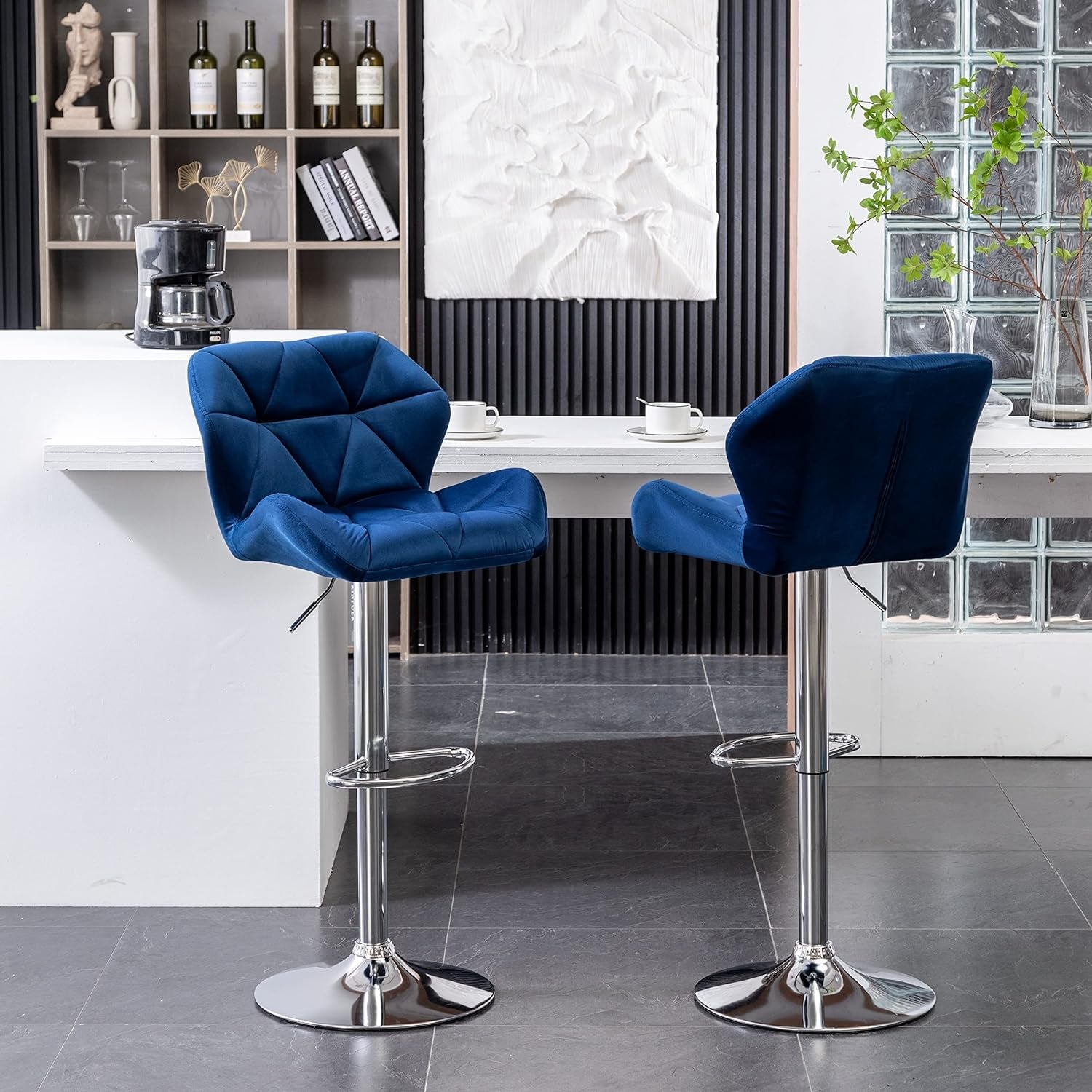 Velvet Diamond Tufted Swivel Barstools Blue Adjustable Height Set of 2