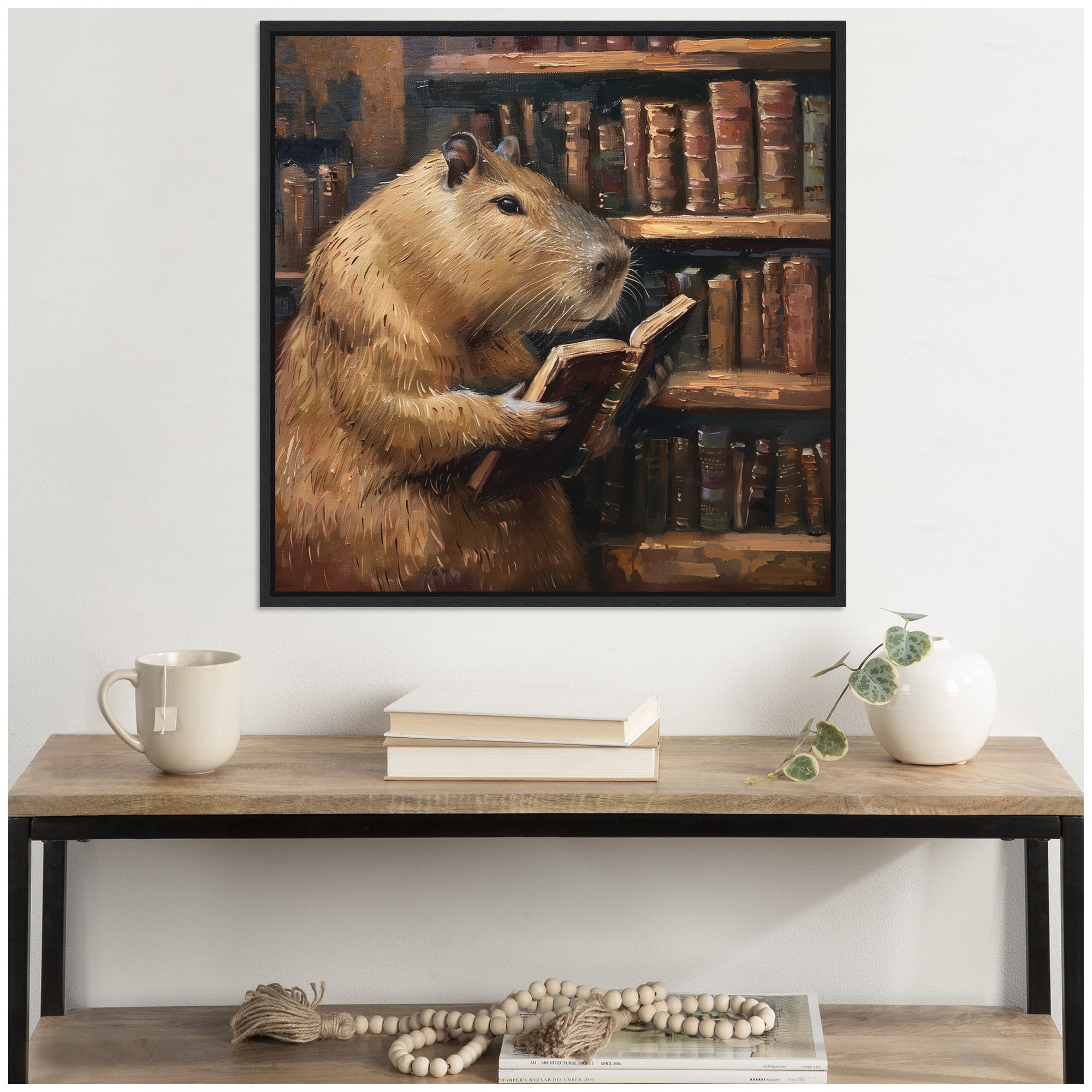 Sylvie Colorful Traditional Capybara Reading in Library Framed Canvas by The Creative Bunch Studio