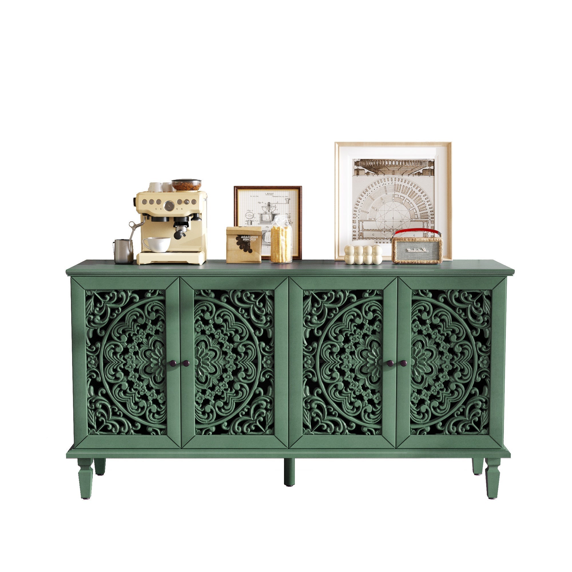 60' Antique Buffet Cabinet with Floral Carvings
