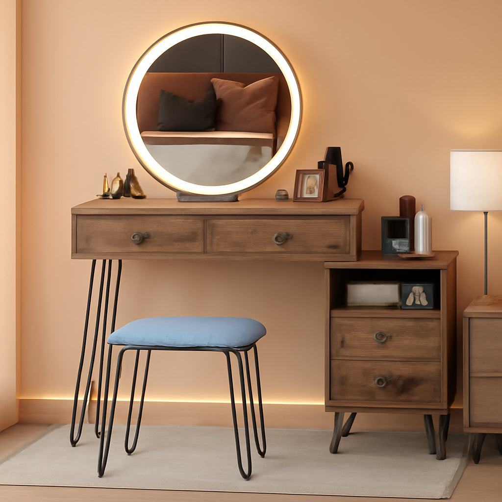 Vanity Desk Set With Drawers And LED Lighted Mirror