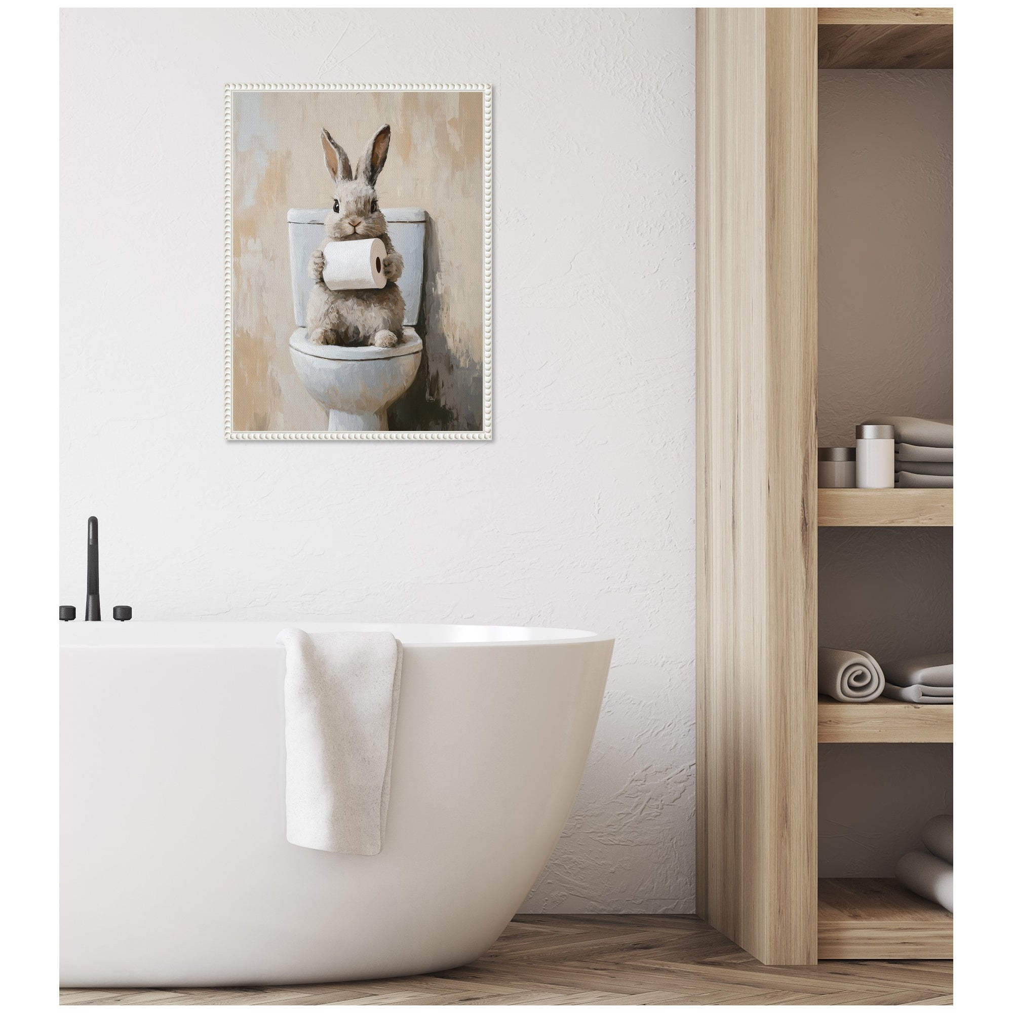 Sylvie Cute Bunny Toilet Paper Roll Toilet Bathroom Art Framed Canvas by The Creative Bunch Studio