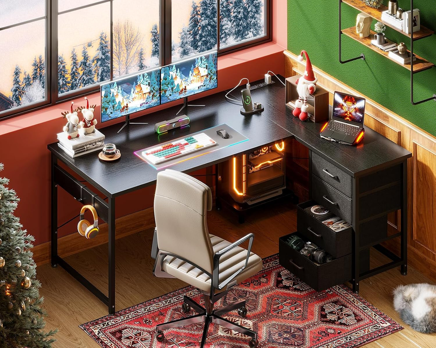 53 Inch L Shaped Gaming Desk With USB Ports For Home Office