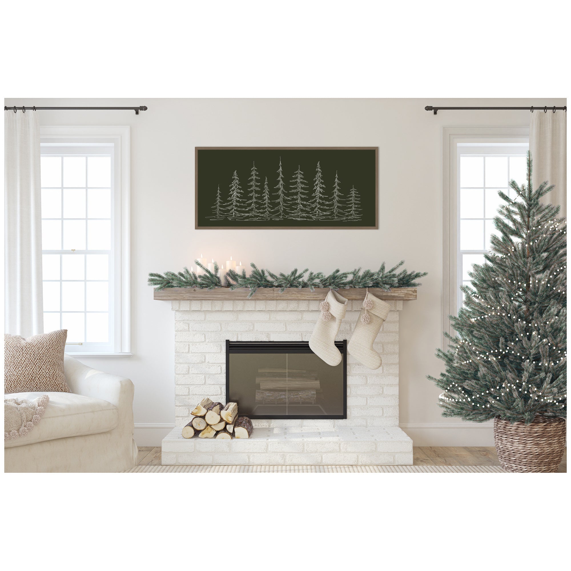 Sylvie Framed Canvas Minimalist Evergreen Trees Sketch by The Creative Bunch Studio