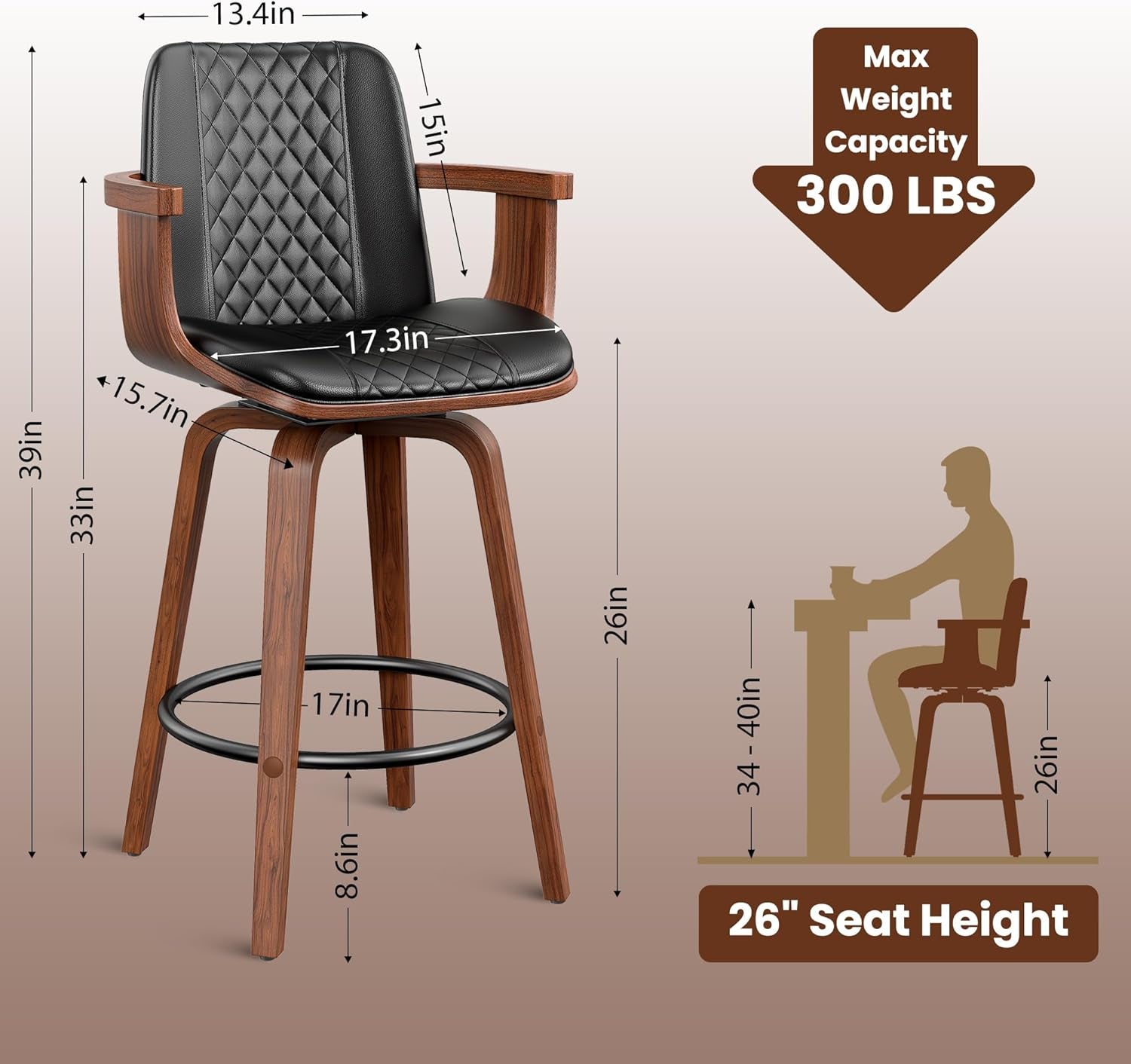 Set Of 3 26 Inch Bar Stools Black PU Leather Upholstery