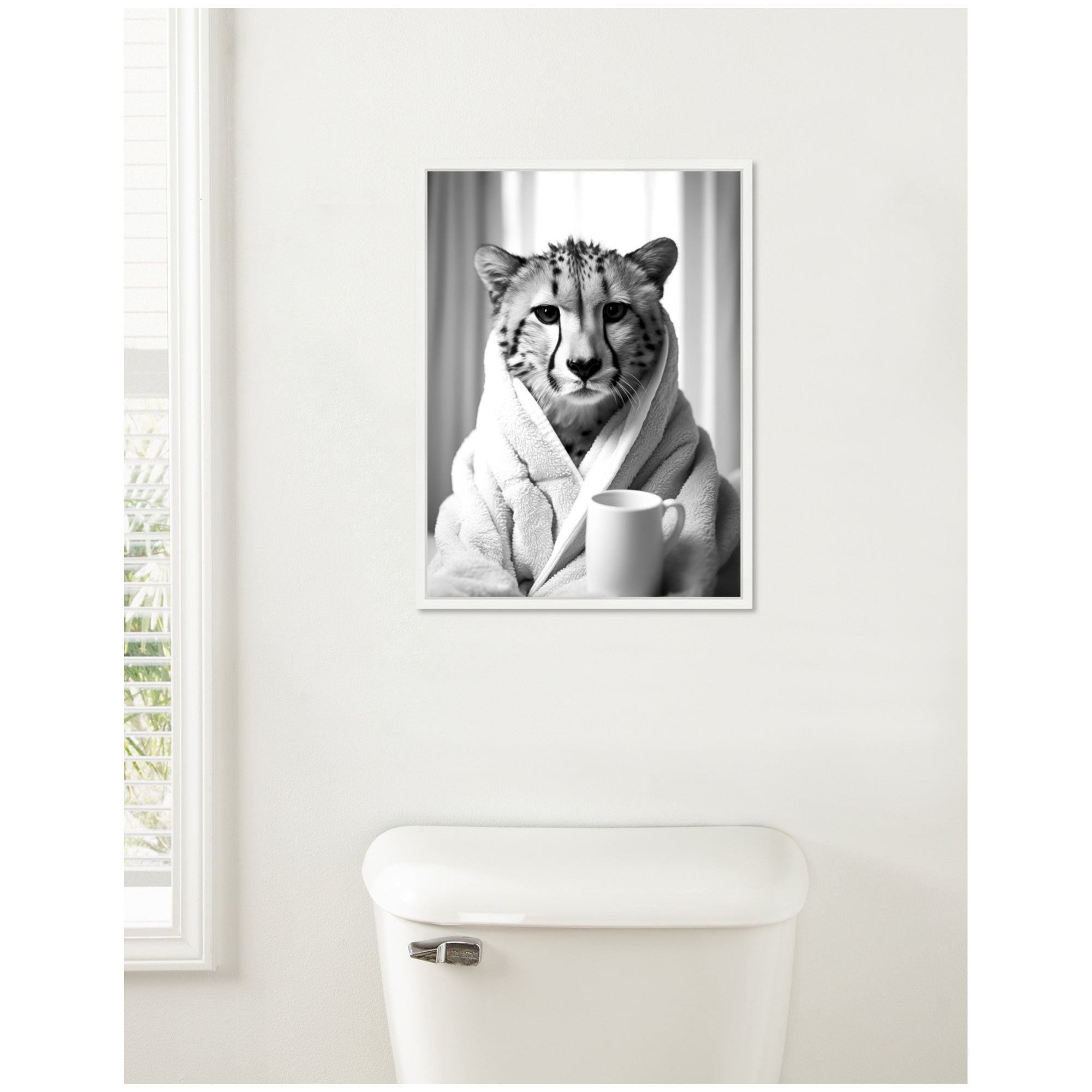 Sylvie Cheetah Bathroom Art Towel Robe Black and White Framed Canvas by The Creative Bunch Studio